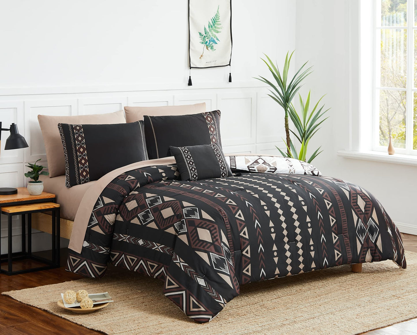 Geniospin Queen Comforter Set - 7 Pieces Reversible Bedding Set, Western Bed in A Bag, Lightweight Soft Aztec Bedding, All Season Bed Comforter Set with Sheets, Pillowcases & Shams