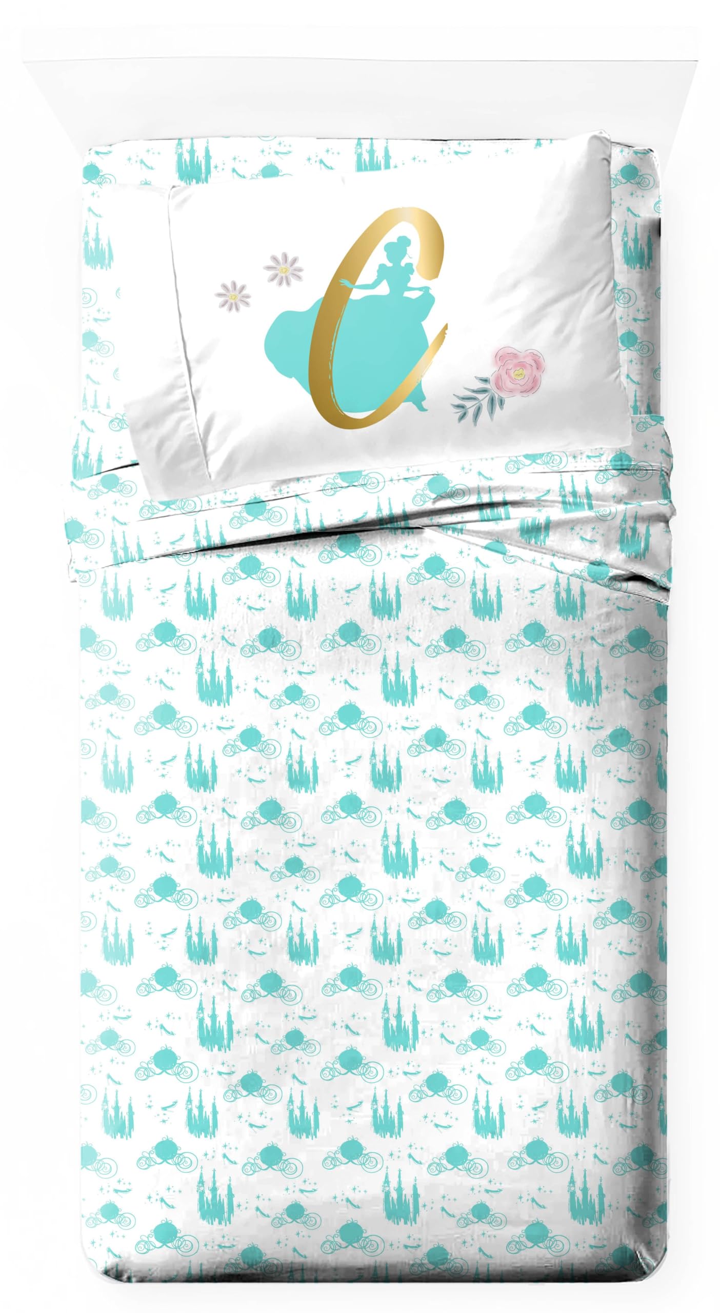 Jay Franco Kids Sheet Set with Fitted, Flat Sheets & Pillow Cover - Ultra-Soft Bedding with Pillowcase for Room Decor, Blue - Princess Cinderella, 3 Piece Twin