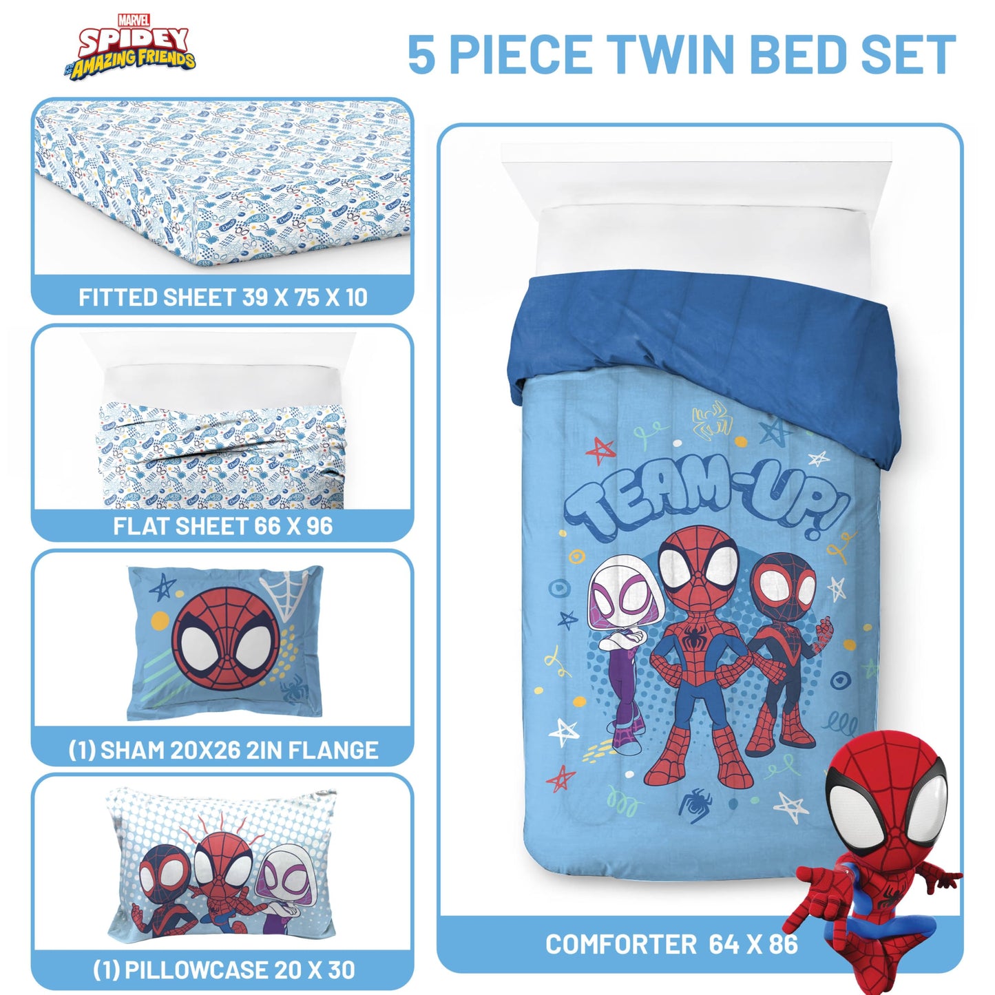 Jay Franco Kids Comforter Set Includes Sheets and Pillow Covers - Soft and Cozy Bed Set for Stylish Room Decor, Light Blue - Spidey & His Amazing Friends, 5 Piece Twin Bedding