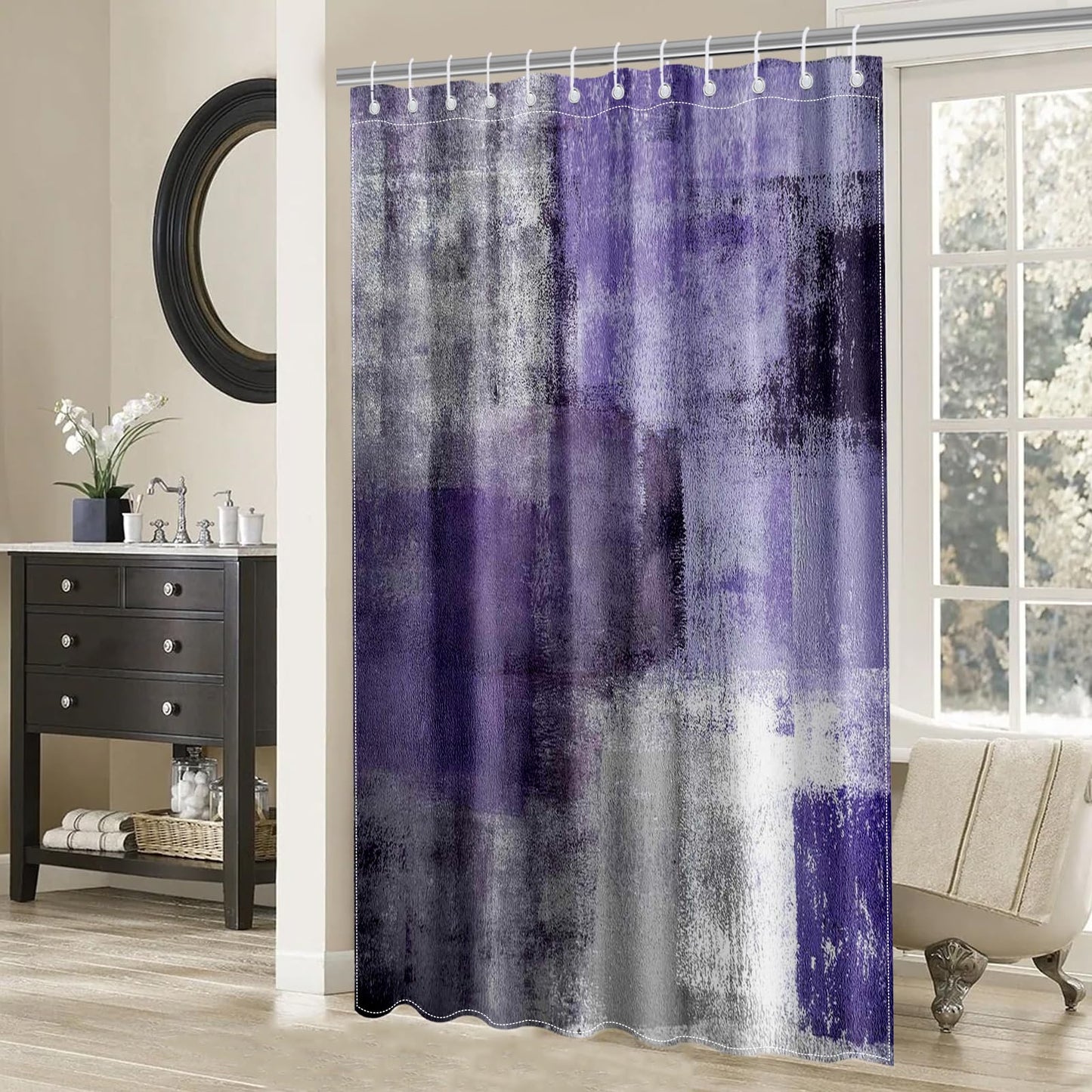 Mocsicka Abstract Shower Curtain Grey Abstract Art Painting Shower Curtain Bathroom Bathtub Curtain 72x72 Inch with 12 Hooks (Purple)