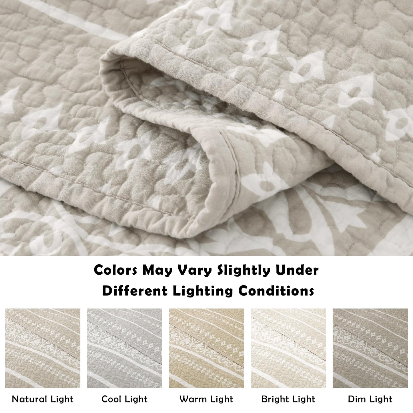 BCOTTOND King Quilt Set, 100% Cotton Boho Quilt King Size Bohemian Striped Pattern Bedspread King Lightweight Quilt Bedding Set Comforter Set All Season, 3 Piece, Beige Gray