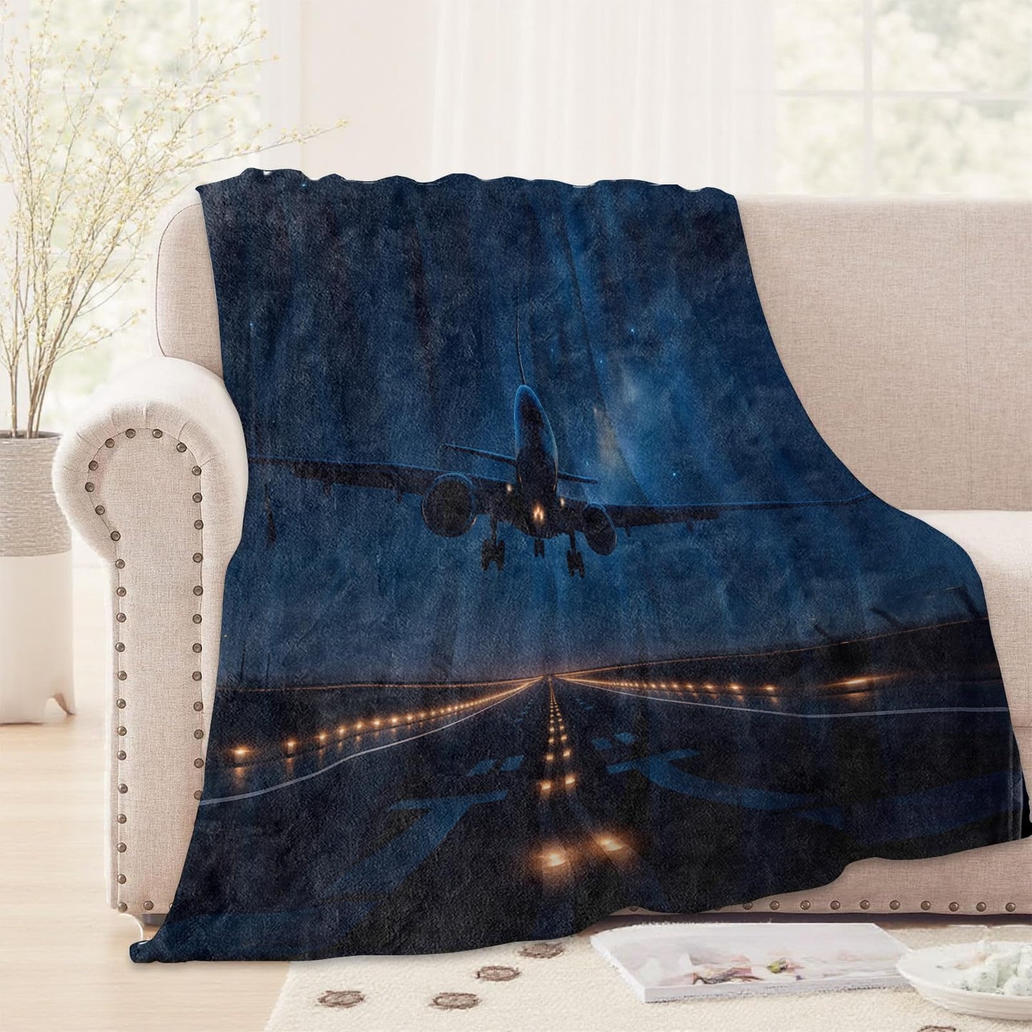 WKEDIN Airplane Blanket,50x60in,Cozy Flannel Throw with Majestic Night Landing Starry Sky Aviation Design,Soft Lightweight Gifts Blankets for Pilot Traveler,Sofa Bed Travel Living Room Cool Decor