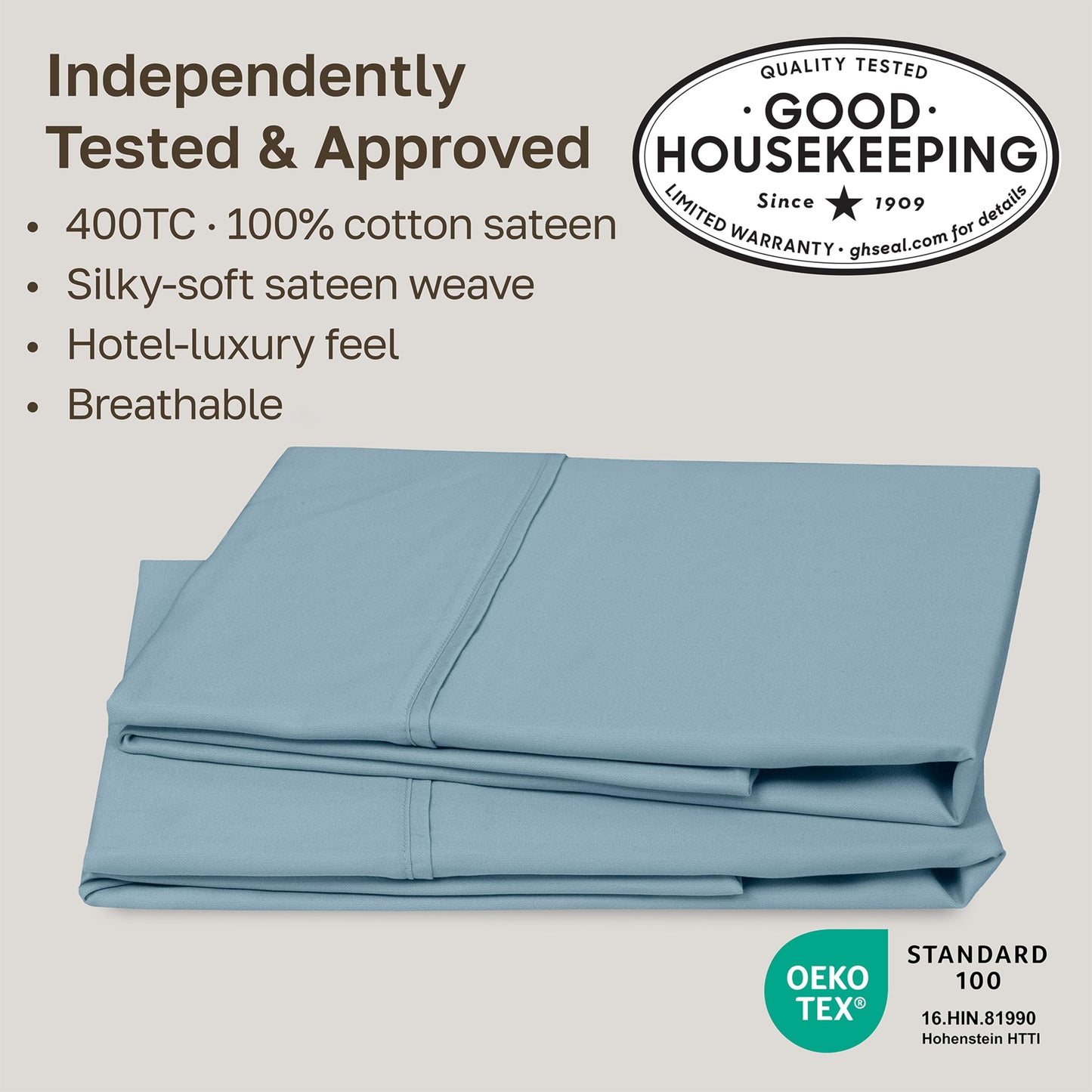 California Design Den Standard Queen Size Pillowcase Set - 400 Thread Count, 100% Cotton Sateen, Set of 2 Pillow Covers, Soft and Breathable - Sky Blue