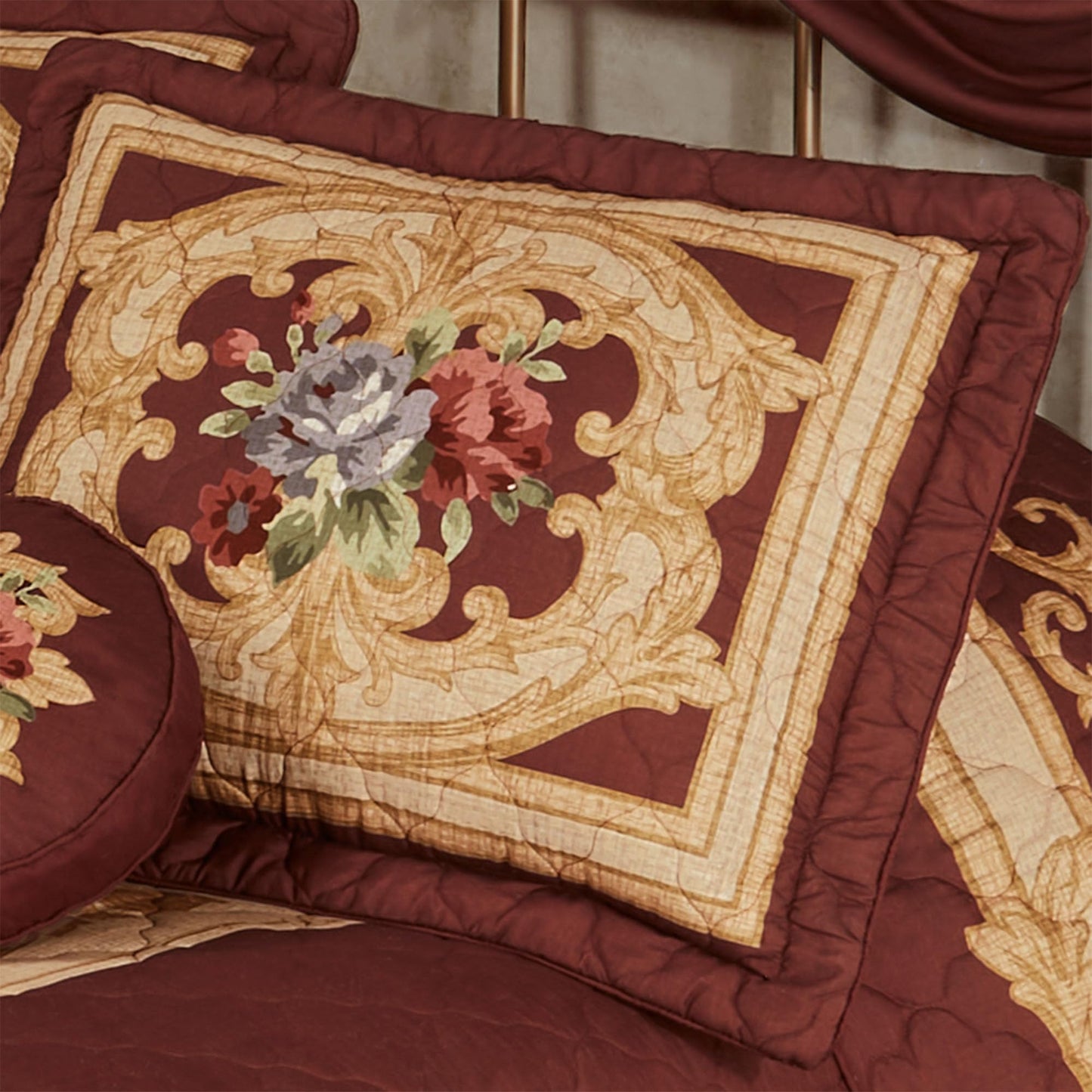 Savonnerie King 3 Pc Bedspread Set | Oversized with 24" Drop | Classic Aubusson Scrollwork & Floral Bouquet Design | Cordovan Brushed Microfiber | Quilted, Machine Washable - Includes 2 King Shams