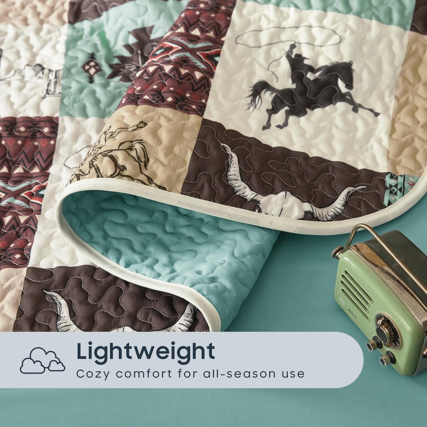 Wake In Cloud - Western Quilt Set, Southwestern Aztec Country Horse Cowboy Rustic Ranch Pattern Printed, Reversible Lightweight Bedspread Coverlet, 3 Pieces, Turquoise Taupe, Queen/Full Size