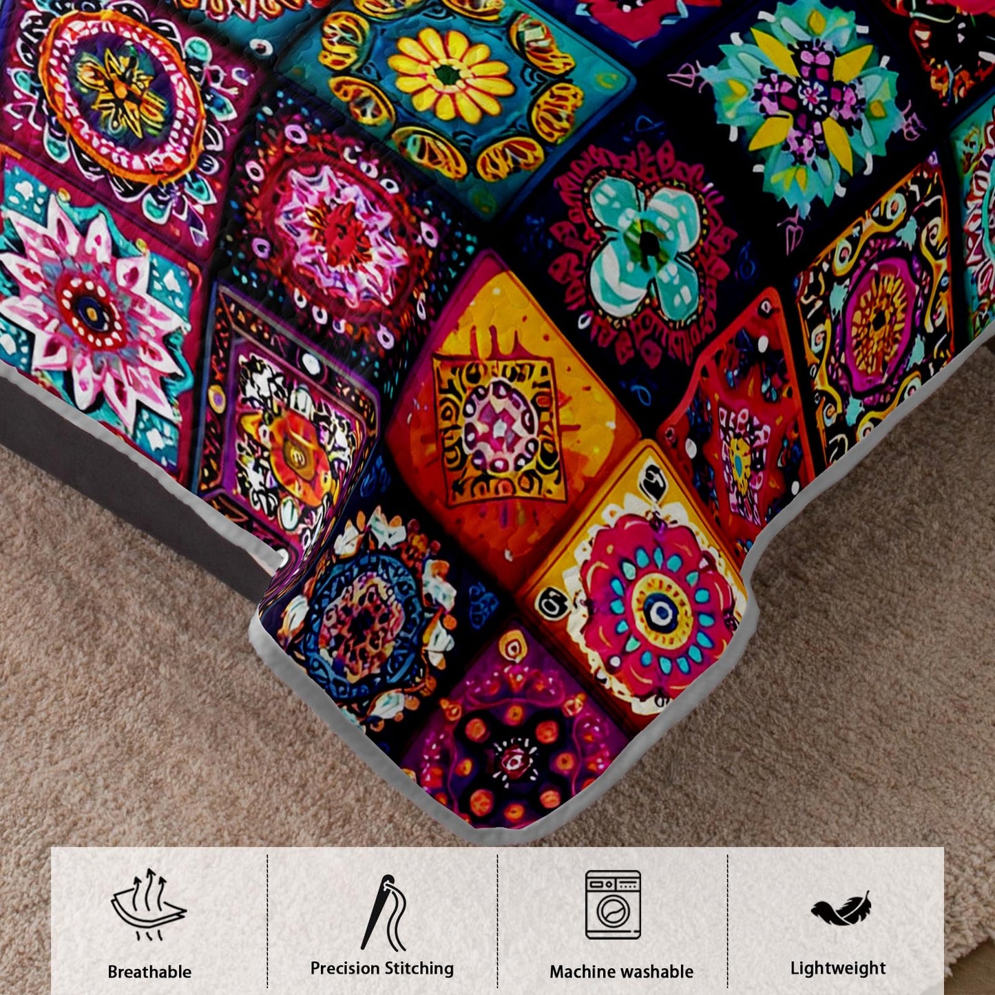 AILONEN Boho Floral Quilt Set Queen Size, Colorful Mandala Bohemian Ethnic Flower Bedspread Coverlet,Microfiber Bed Cover 3Pcs,2 Pillowcases