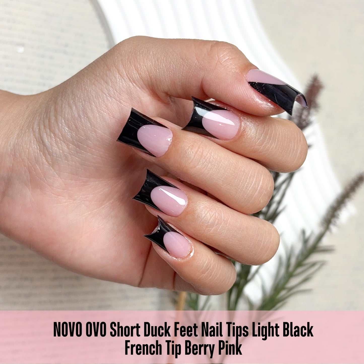 NOVO OVO Duck Nails Short with Moon Curve Black French Tips Berry Pink, 240Pcs Soft Gel Flare Wide French Full Cover False Nail Tips, Press on Acrylic Extension (15 Sizes)