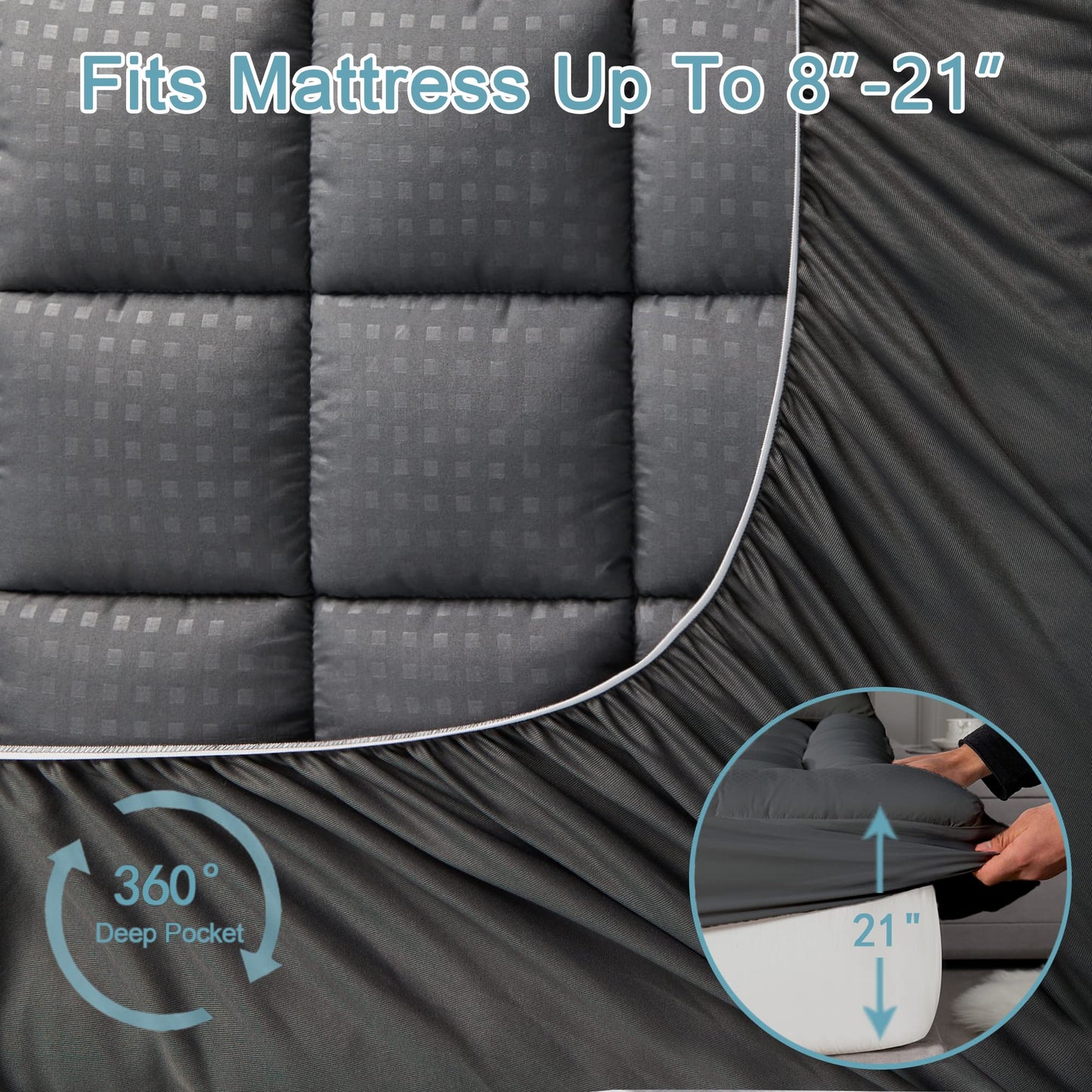 HYLEORY Queen Mattress Pad Quilted Fitted Mattress Protector Cooling Pillow Top Mattress Cover Breathable Fluffy Soft Mattress Topper with 8-21" Deep Pocket, Dark Grey