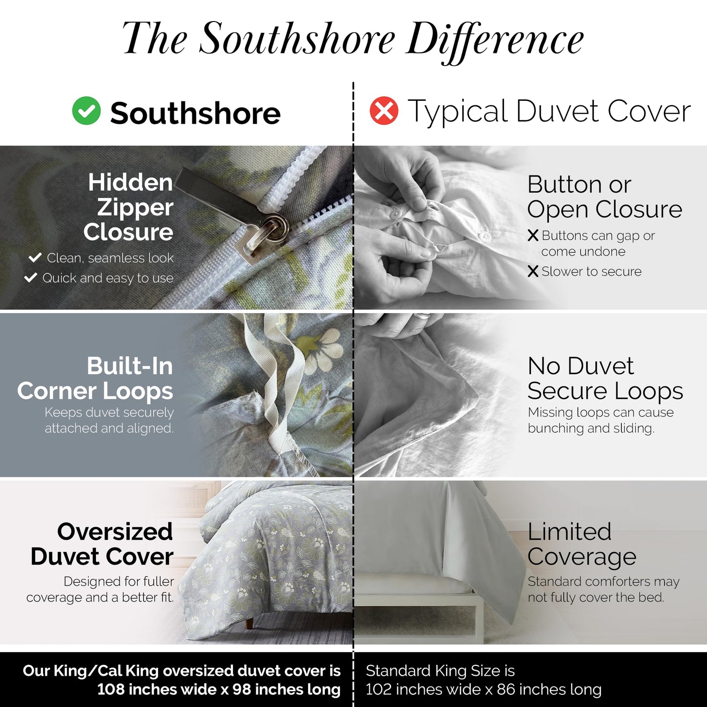 Southshore Fine Living, Inc. Duvet Cover King/California King Size Set – Extra Soft Bedding w/Zipper Closure – King Duvet Cover Set 108"x98", 2 Pillow Shams 20"x36" – Wrinkle Resistant– Blossom Slate