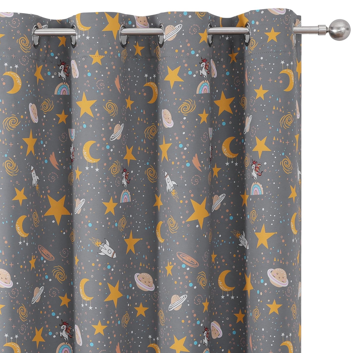 Estelar Textiler Planets Unicorn Printed Grey Blackout Curtains for Nursery Bedroom, Thermal Insulated Room Darkening Star Moon Pattern Grommet Window Drapes for Toddler Room,Gray, W38 x L63, 2 Panels