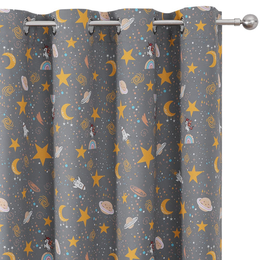 Estelar Textiler Planets Unicorn Printed Grey Blackout Curtains for Nursery Bedroom, Thermal Insulated Room Darkening Star Moon Pattern Grommet Window Drapes for Toddler Room,Gray, W38 x L63, 2 Panels