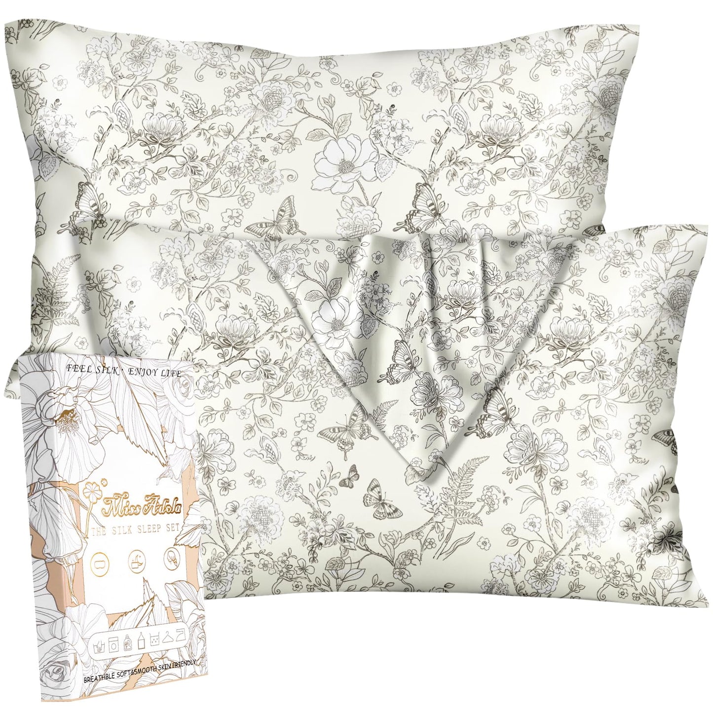 Miss Adola Silk Pillowcase 2 Pack - Pillow Cases 20" x 30" Queen Size Set of 2 for Hair and Skin Smooth Soft Breathable with Hidden Cute Zipper Cooling Pillow Covers for Sleeping, Butterfly
