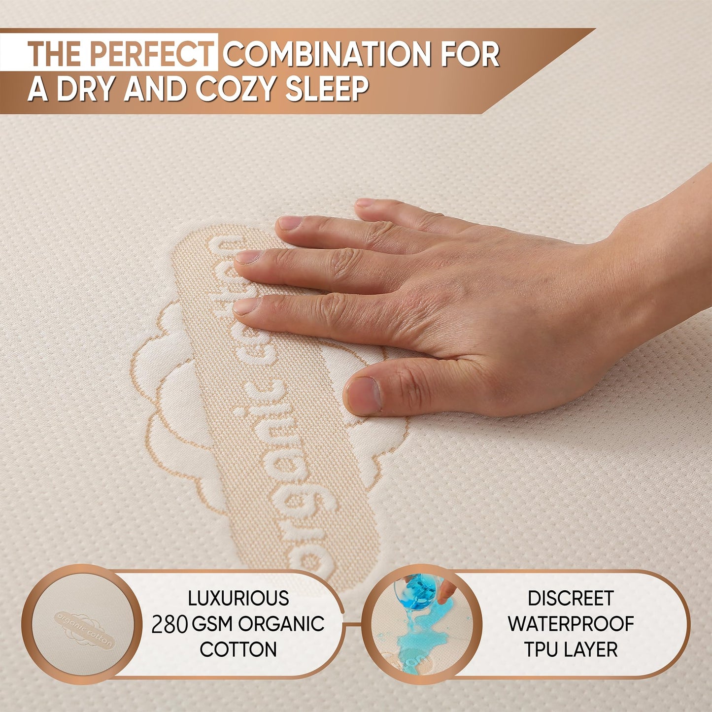 Waterproof Organic Mattress Protector Full Size – Premium Soft Organic Cotton Surface Mattress Cover – Noiseless & Breathable 250 GSM Mattress Pad – Deep Pocket Fitted Design