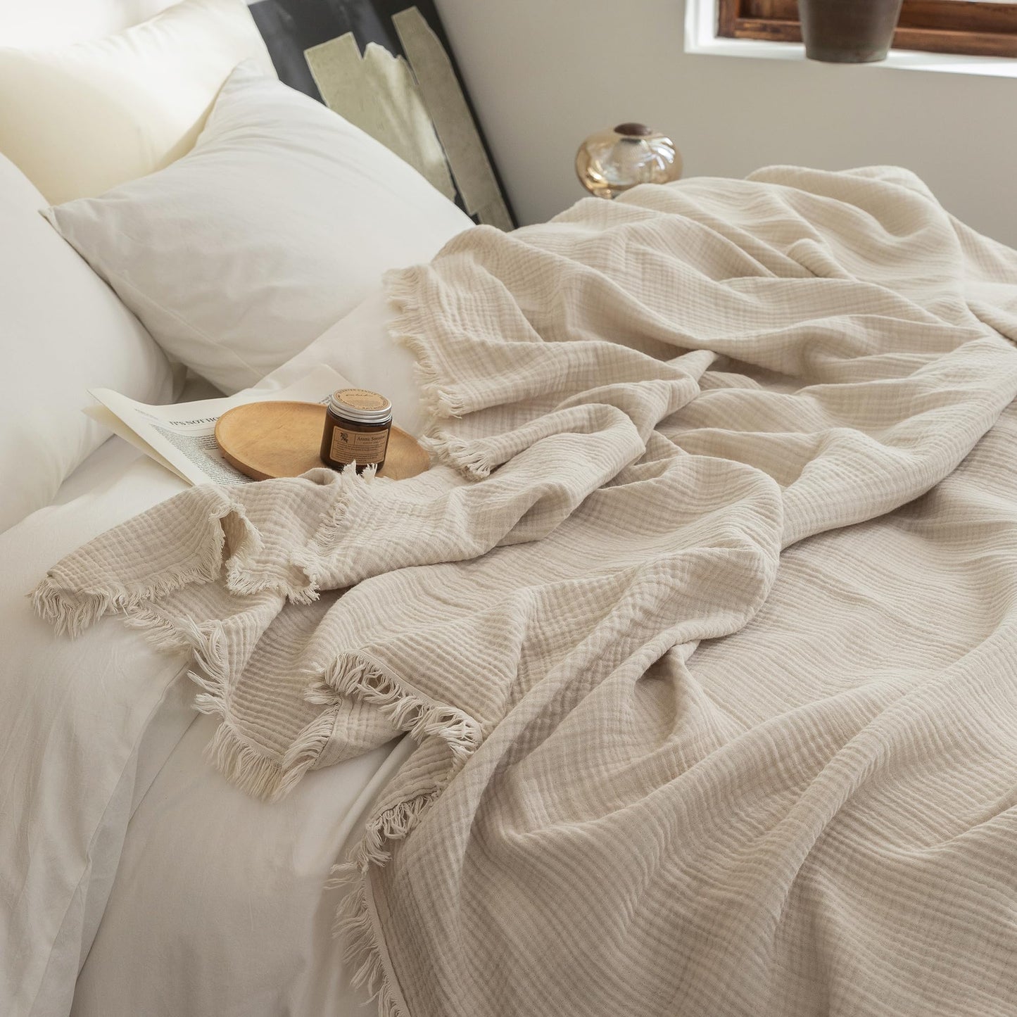 FOSSA Muslin Blanket with Fringe - 4-Layer 100% Cotton Gauze Super Soft & Breathable Throw -Lightweight Decorative Cooling Blanket for Bed, Sofa, Office (Beige, Throw (60" × 50"))