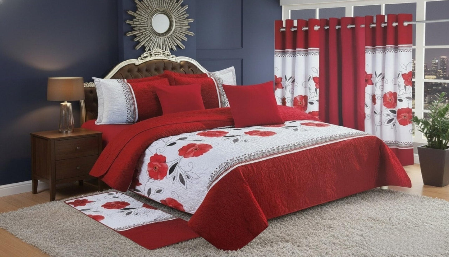 JKCCZLL Queen Size Quilt 12 Piece Set Floral Bedding with Matching Curtains Fitted Sheet Red Queen