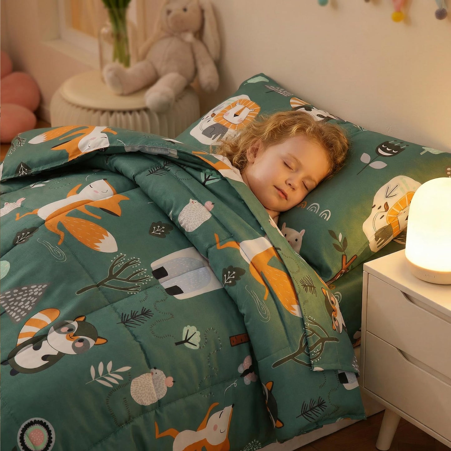 JSD Green Forest Animals Toddler Bedding Set, 4 Piece Bed-in-Bag Toddler Comforter Sheet Set, Machine Washable