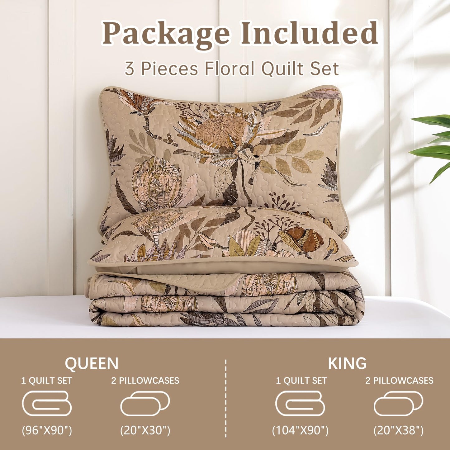 Dintszyayue Quilt Queen Size Brown, 3 Pieces Boho Floral Bedspread Bedding for Queen Size Bed, Soft Lightweight Microfiber Coverlet Set for All Season Quilt with 2 Pillowcases