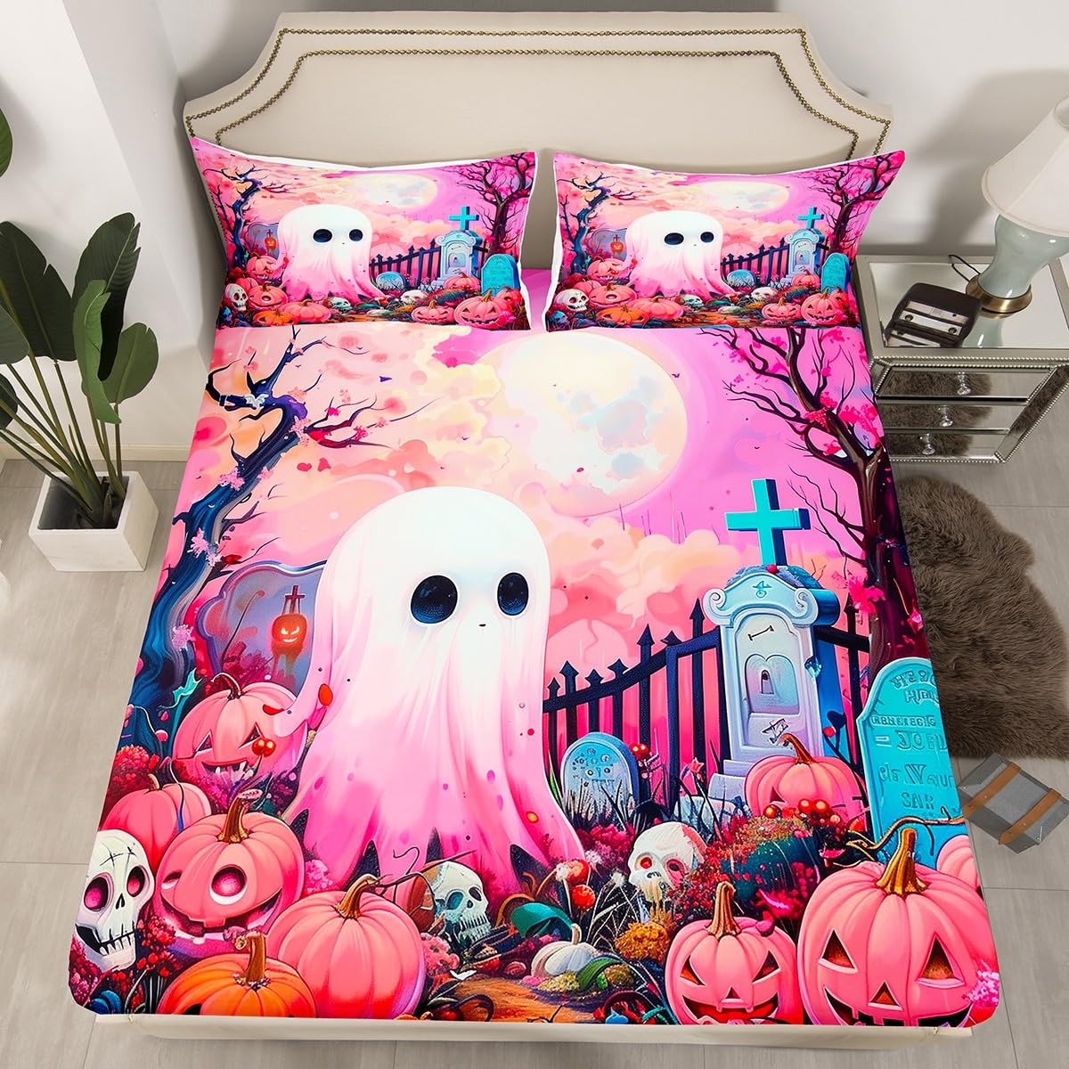 Farmhouse Halloween Night Fitted Bottom Sheet Full Size,Pink Moon Night Cute Ghost Sheet Set Soft Polyester Bedding,Gothic Pumpinks Skull Rustic Style Bed Cover(1 Fitted Sheet+2 Pillow Cases)