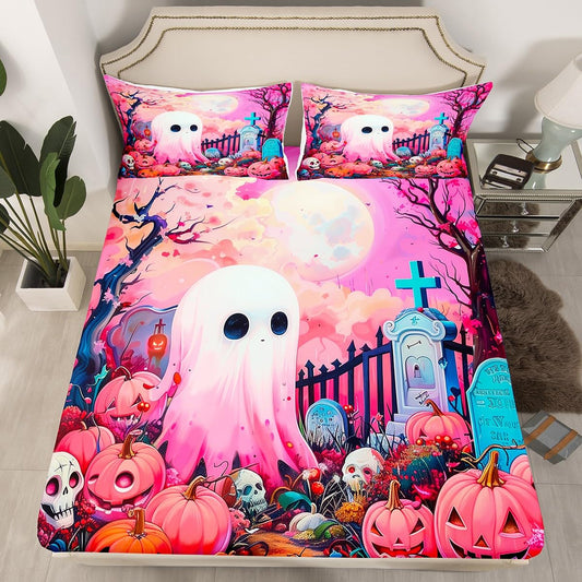 Farmhouse Halloween Night Fitted Bottom Sheet Full Size,Pink Moon Night Cute Ghost Sheet Set Soft Polyester Bedding,Gothic Pumpinks Skull Rustic Style Bed Cover(1 Fitted Sheet+2 Pillow Cases)