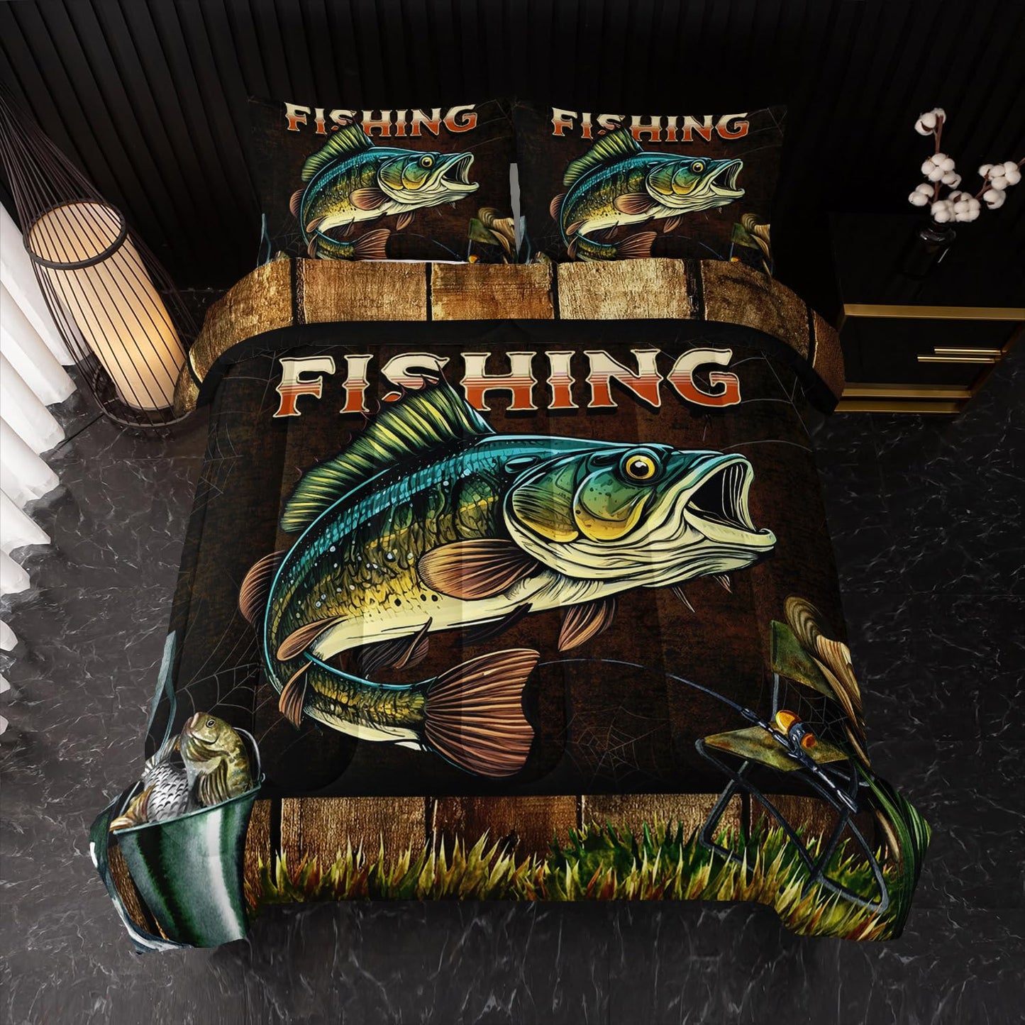Nttopship Big Pike Fish Bedding, Bass Fishing Comforter Set Hunting and Fishing Brown Green Bedding Set Themed Comforter Set for Kids Boys Room Decor, Twin Bed in a Bag for Teens with 2 Pillowcases