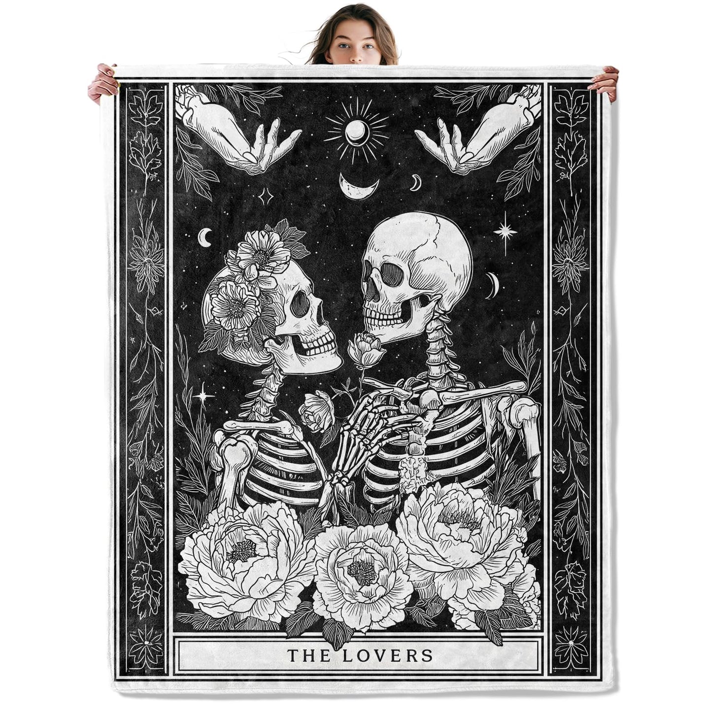 SOMEKLLY Skull Couple Throw Blanket Soft Cozy Lightweight Flannel Blankets with Gothic Romantic Skeleton Lovers and Floral Printed for Adults Bedroom Dorm Office Goth Halloween Decor Gifts 50x60 Inch