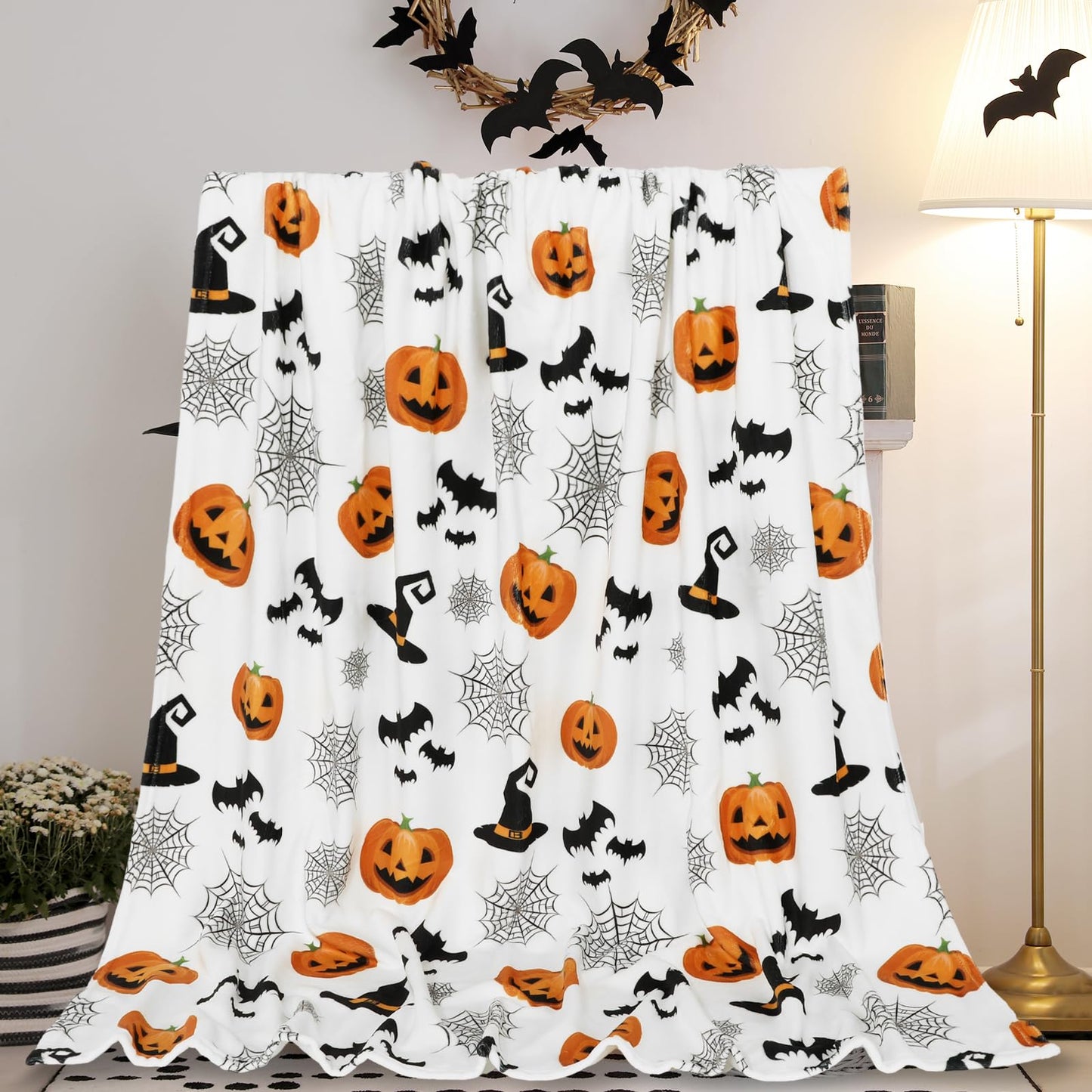 JarThenaAMCS Halloween Fuzzy Blanket Pumpkin Bat Spiderweb Witch Hat Cute Throw Blanket Halloween Soft Cozy Flannel Blankets for Home Party Bed Sofa Couch, 50 x 60 Inch