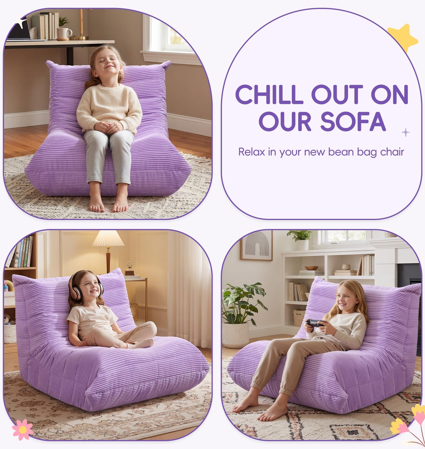 Hobestluk Bean Bag Chair for Kids Toddler Bean Bag Chair with Memory Foam Filler Beanbag with Spacious Design Bean Bag Couch for Reading Gaming Relaxing (Purple, Small)