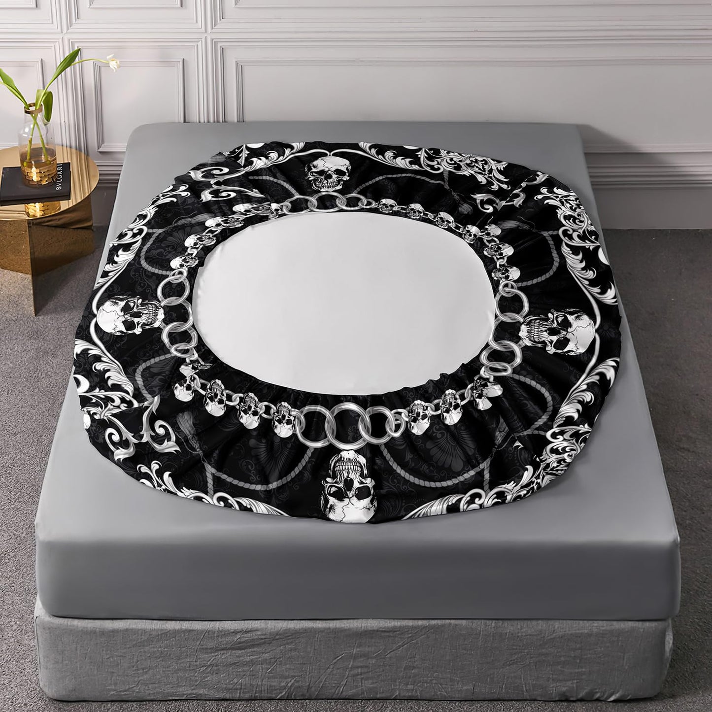 AILONEN Goth Skull Fitted Sheet Set Queen Size,Black and White Skull Bed Sheet Set,Boys Kids Goth Skull Skeleton Bedding for Adults,Boho Floral Skull Fitted Sheet +2 Pillowcases,3-Piece