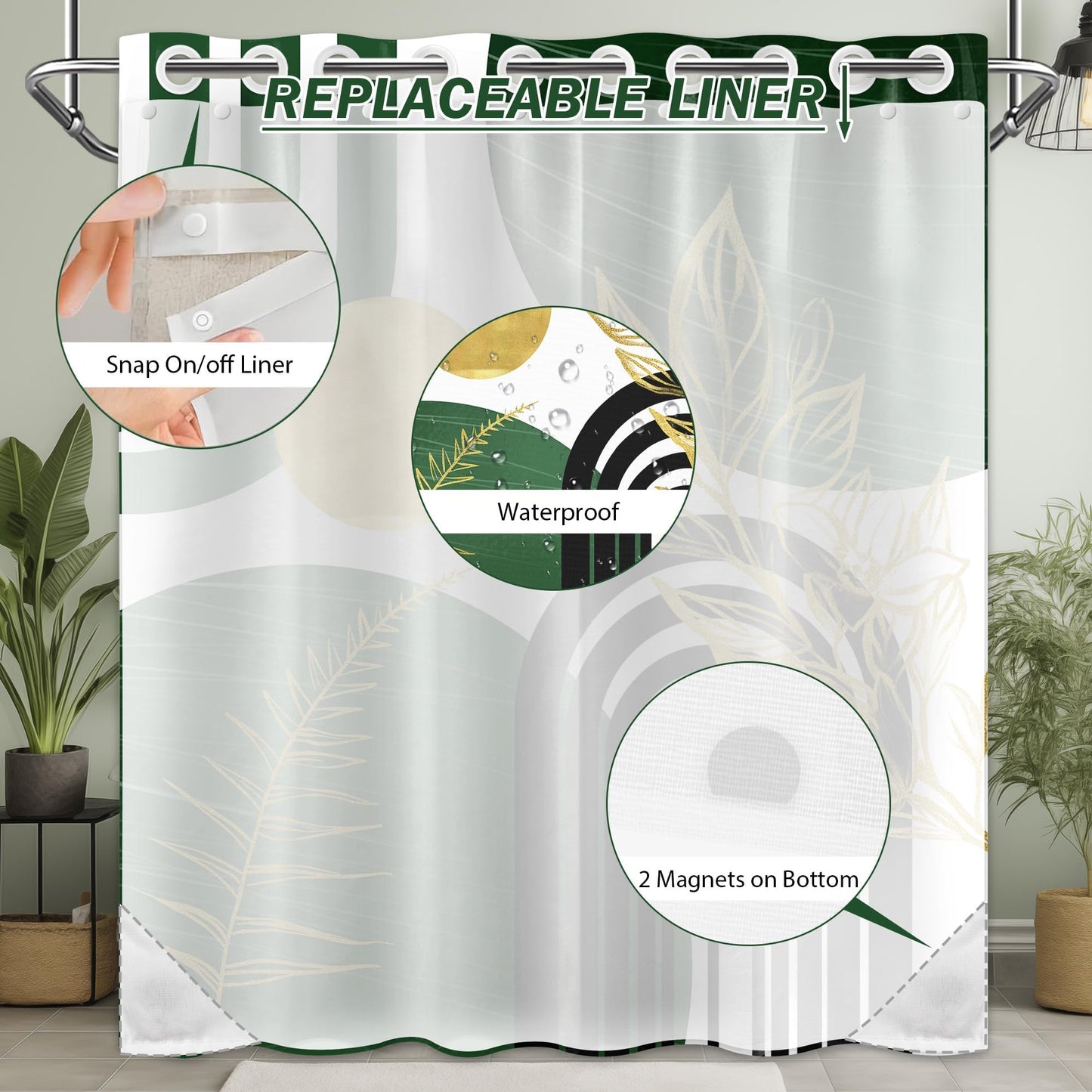 Bxpaitx Olive Green and Gold Hookless Shower Curtain with Snap in Liner Set, Bohemian Emerald Green No Hook Shower Curtains for Mid Century Modern Bathroom, Waterproof Cloth Fabric, 71x74 in