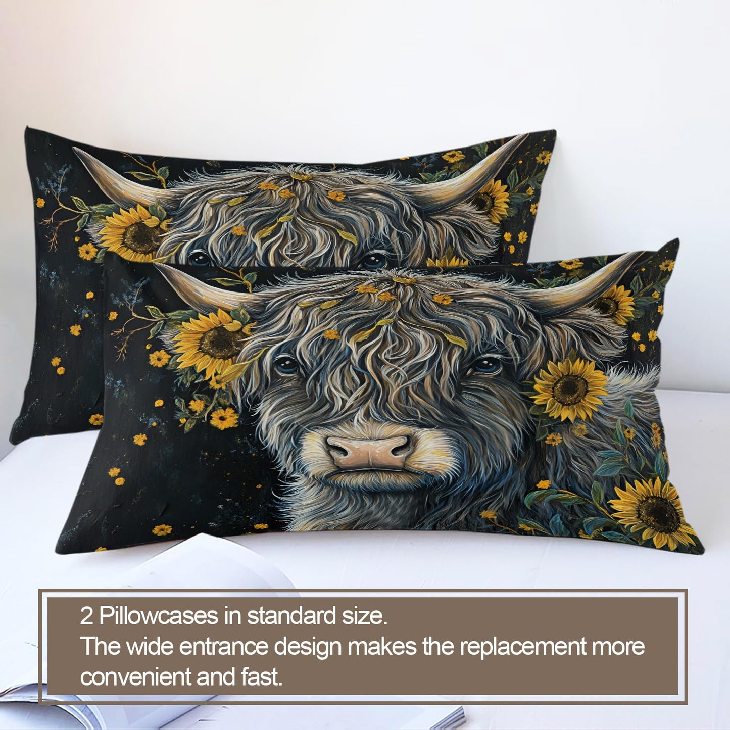PAISUOQ Cow Print Bedding, Rustic Sunflower Duvet Cover Full, Farmhouse Cow Comforter Cover with Zipper Ties, 3 Pieces with 2 Pillowcases, Home Decor & Gifts