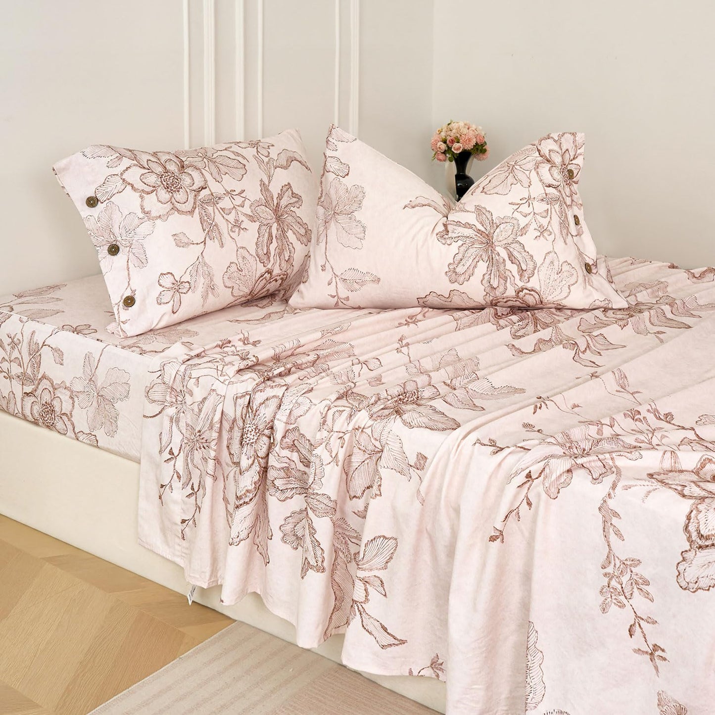 Zusbest Queen Sheet Set Pink Floral Sheet Set 400TC 100% Double Brushed Cotton Flannel-Like Warm Luxury Bed Sheets 4Pcs, Button Closure Extra Soft Breathable Vintage Toile Printed Deep Pocket 17‘’