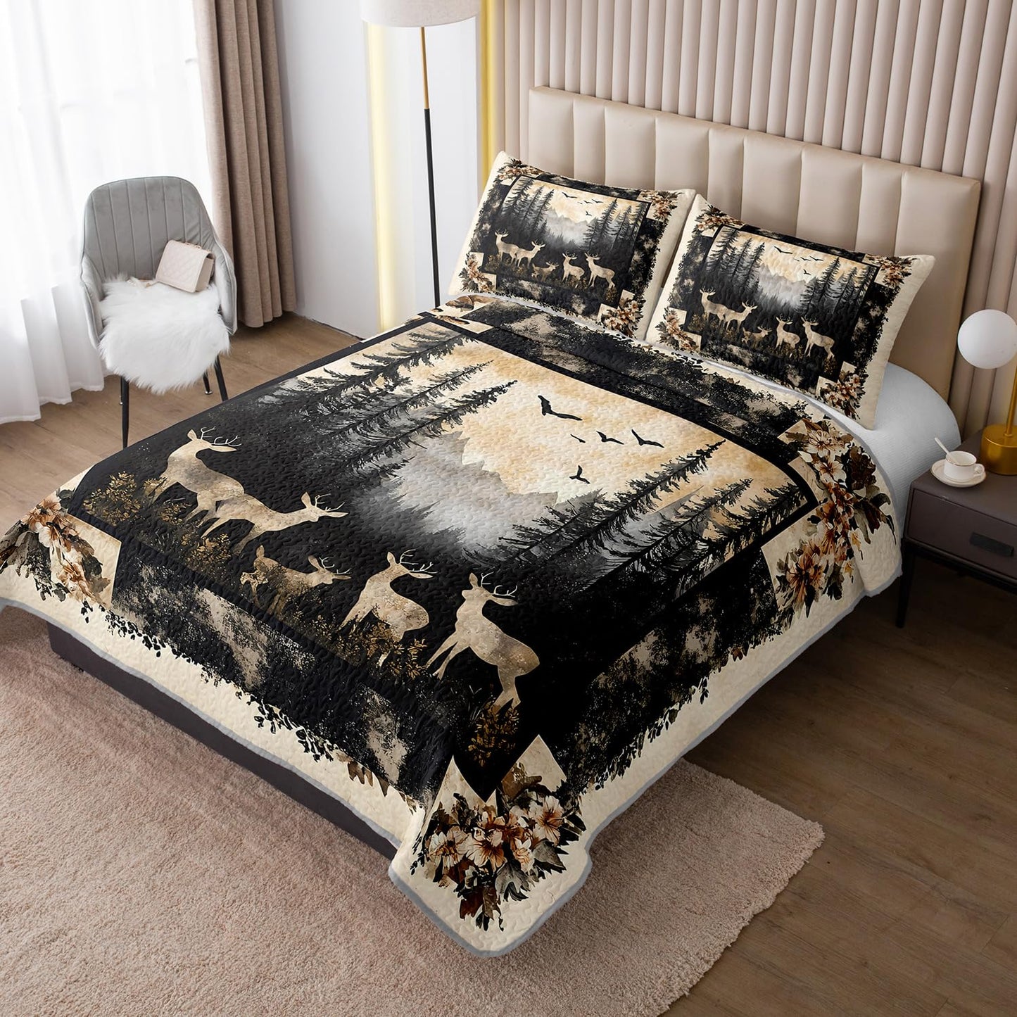 HOSIMA Deer King Bedding Set for Adults,Deer in Forest Print Summer Soft Lightweight Quilt,Floral Pattern Plaid Animal Bedding for Aesthetic Room Decor with 2 Pillowcases.