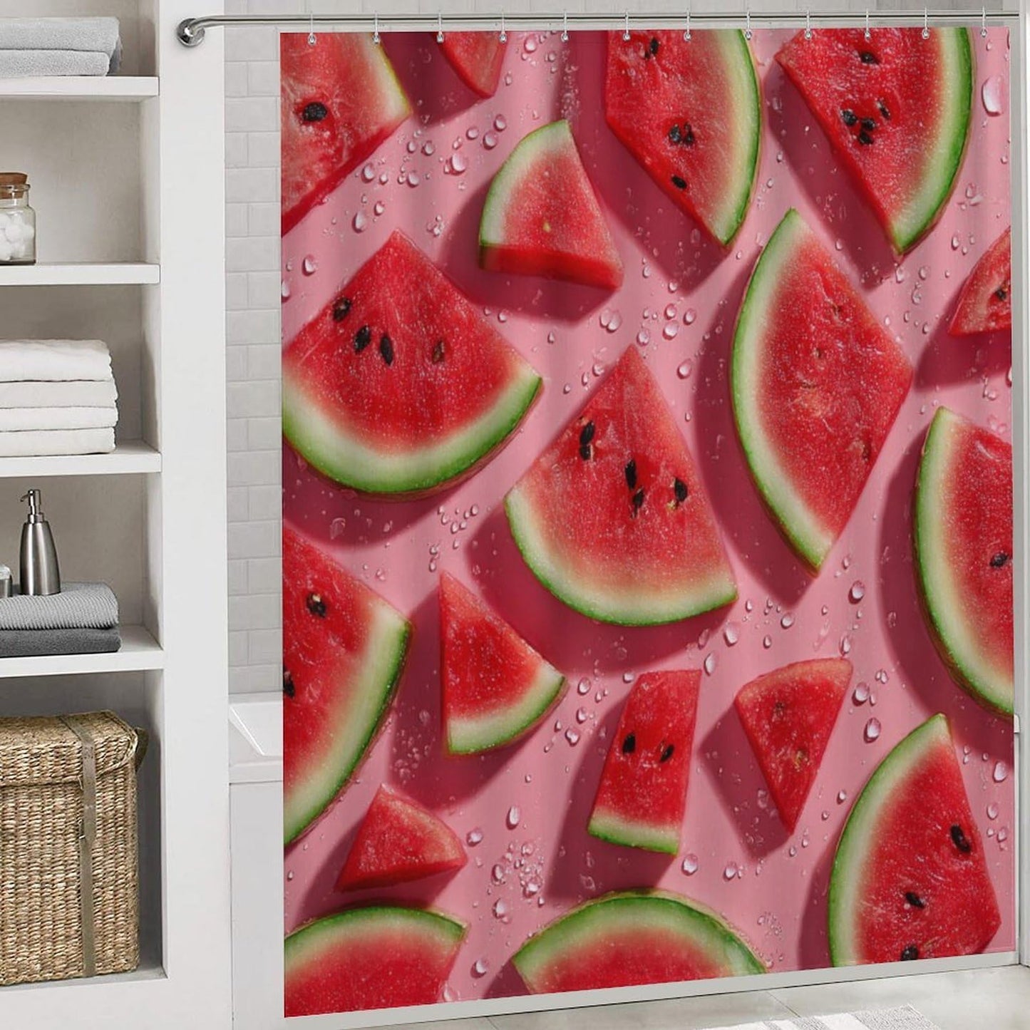 INSFBRB Modern Colorful Watermelon Shower Curtain Sets with Rug,Toilet Lid Cover and Bath Mat,Rustic Realistic Summer Fruit Watermelon 4 Piece Bathroom Set