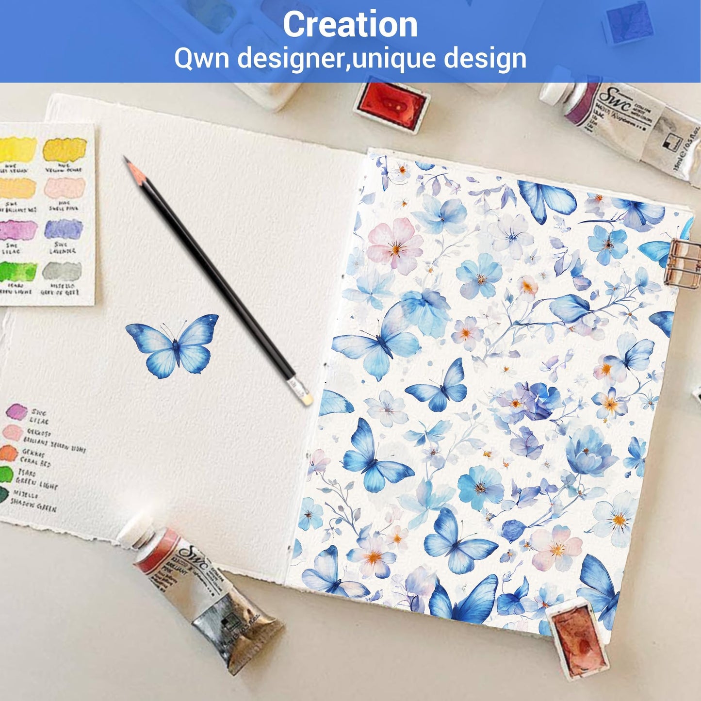 Softan Full Floral Sheets, Microfiber Blue Flower Printed Fitted Sheets with Non-Slip Corner Straps and 15" Deep Pocket, Butterfly Patterned Cozy Bed Sheets Double Sheets & Pillowcase Sets