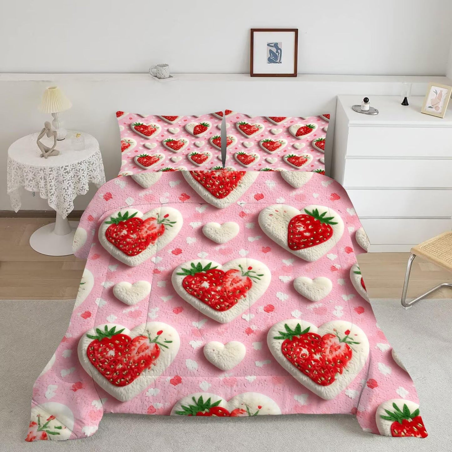 DJNEAR Strawberry Heart Comforter Set Twin Size Pink Heart Bedding Sets for Girls Kids Teens Adults Women Bedroom 3D Plush Cute Quilt Room Decor 1 Comforter 1 Pillowcase