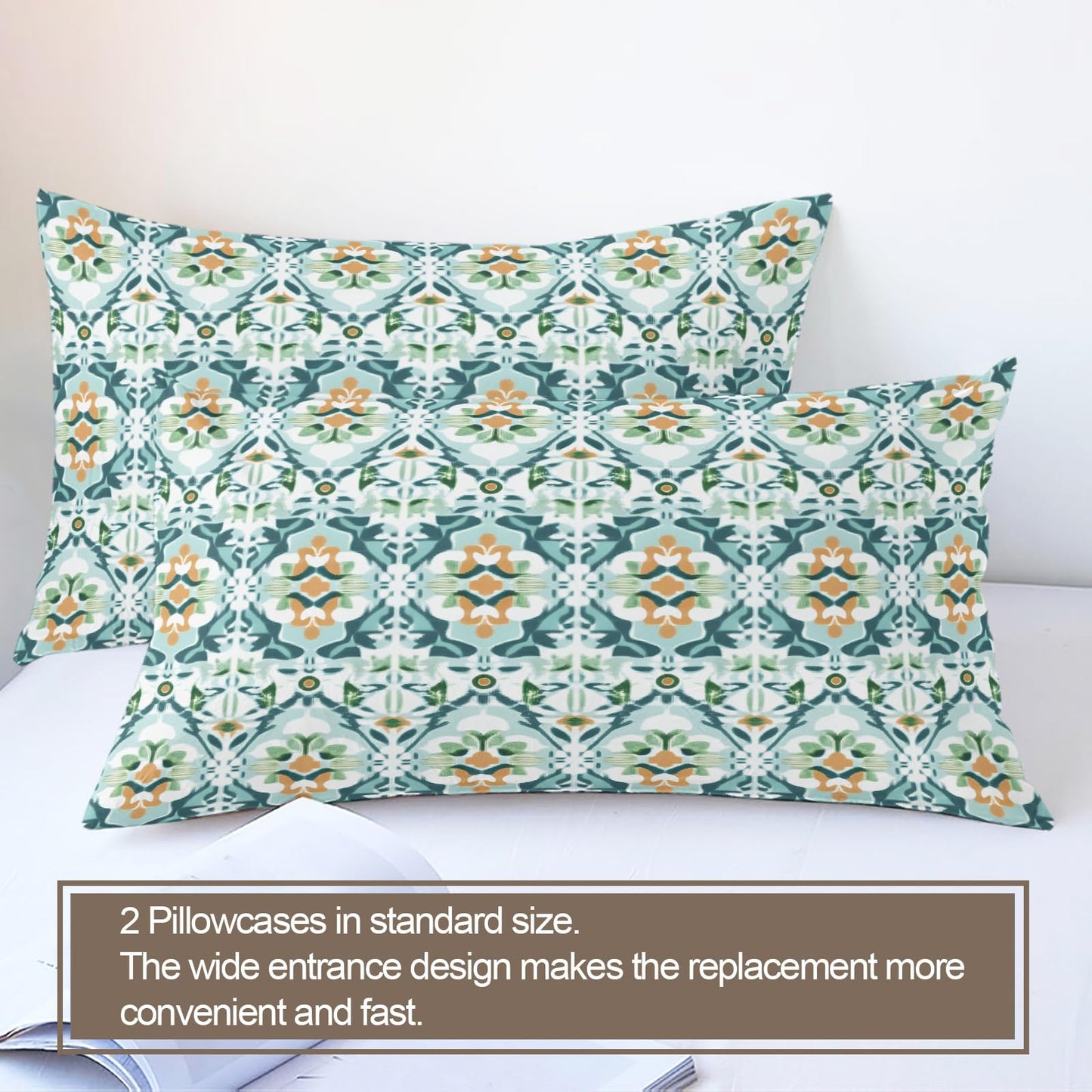ZAMODE Southwestern Duvet Cover 120" x 98", Vintage Teal Flower Bedding Set, Mid Century Modern Comforter Cover with Zipper Ties