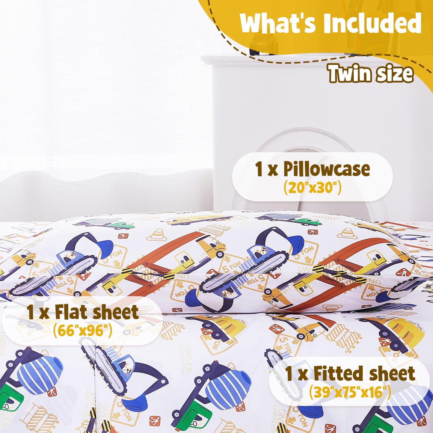 CozySmile Twin Sheet Set Kids,3 Pieces Breathable Soft Microfiber Bedsheets for Boys, Oeko-TEX, Anti Pilling Deep Pockets Easy Care Bed Sheets, Construction car