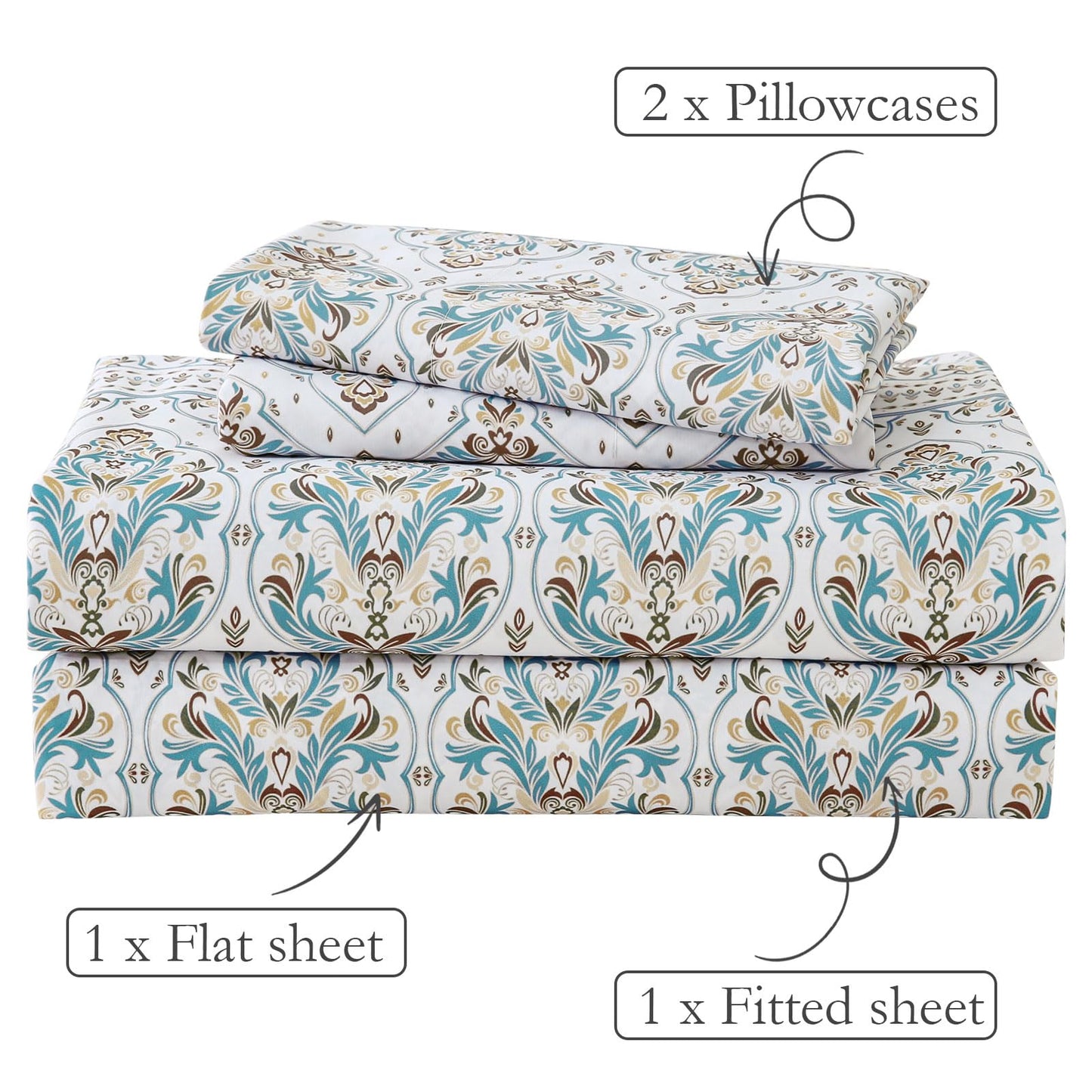 ChicView King Size Paisley Printed Sheet Set,4 Pieces Boho Style Breathable Soft Microfiber Bedsheets, Anti Pilling Deep Pockets Easy Care Bed Sheets, White Green