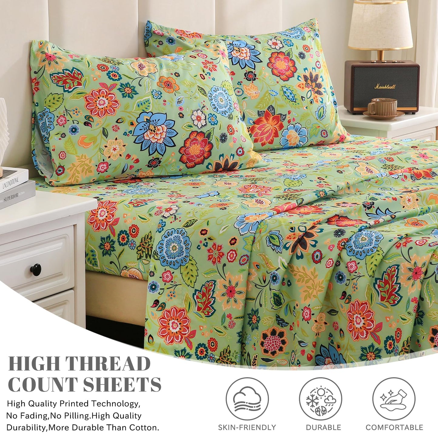 Bedlifes King Sheet Set Ultra Soft, Breathable, Silky Flower Deep Pocket 100% Microfiber Bedding, 4 Piece King Size with Floral Sage Green