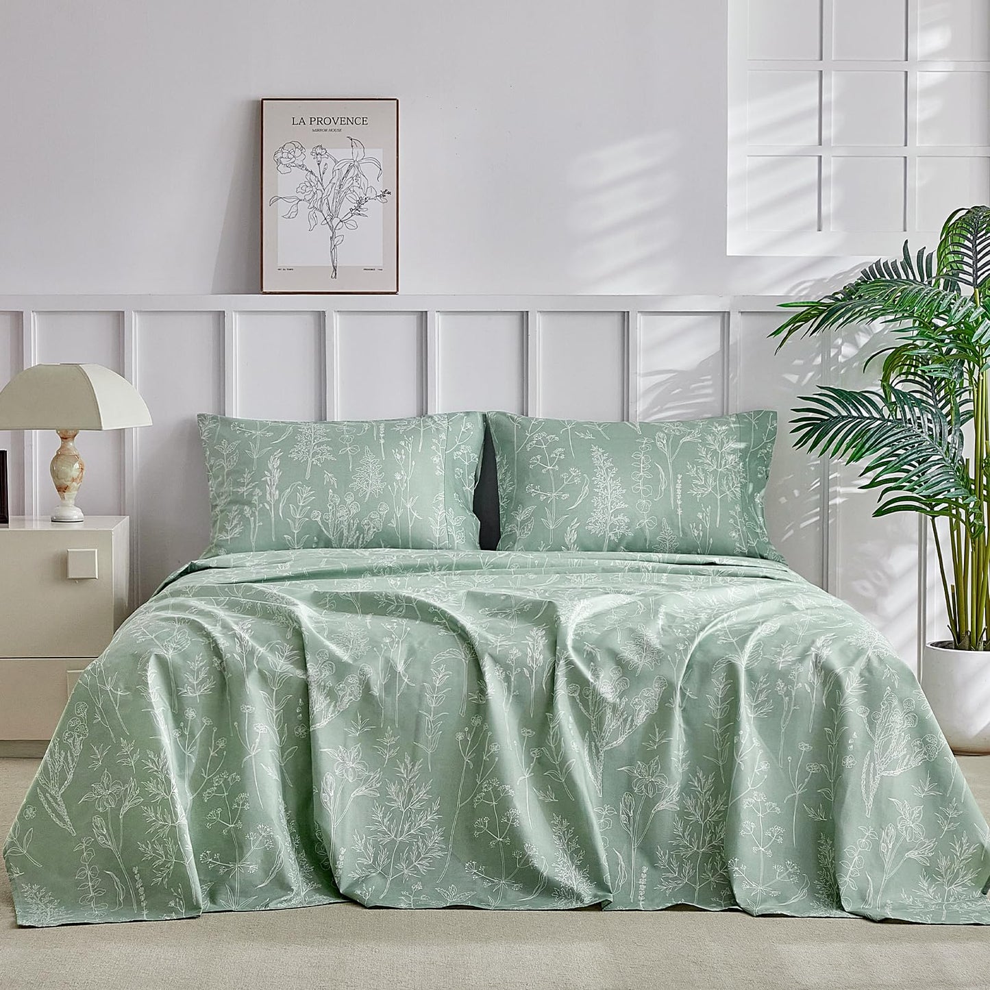 Tokokimo Floral Sheets Set King Size, 16 inches Deep Pocket Fitted Sheet, Flat Sheet & Envelope Closure Pillowcases, Soft Breathable Microfiber Sheet Set 4-Piece, Green and White Leaf Floral