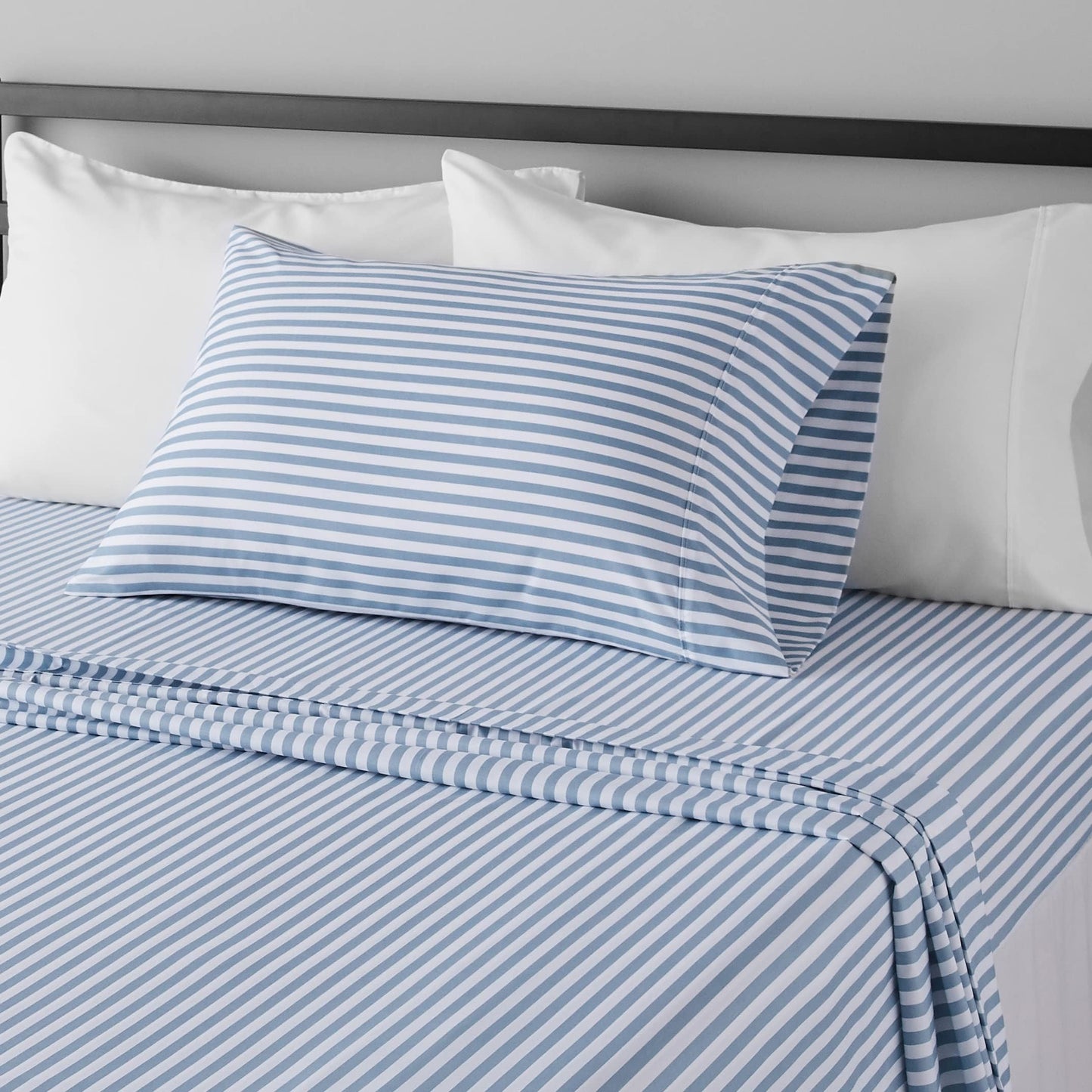 Amazon Basics Breathable, Brushed Microfiber Wrinkle Resistant 3 Piece Bed Sheet Set with 14-Inch Deep Pockets, Twin, Dusty Blue Pinstripe, Printed
