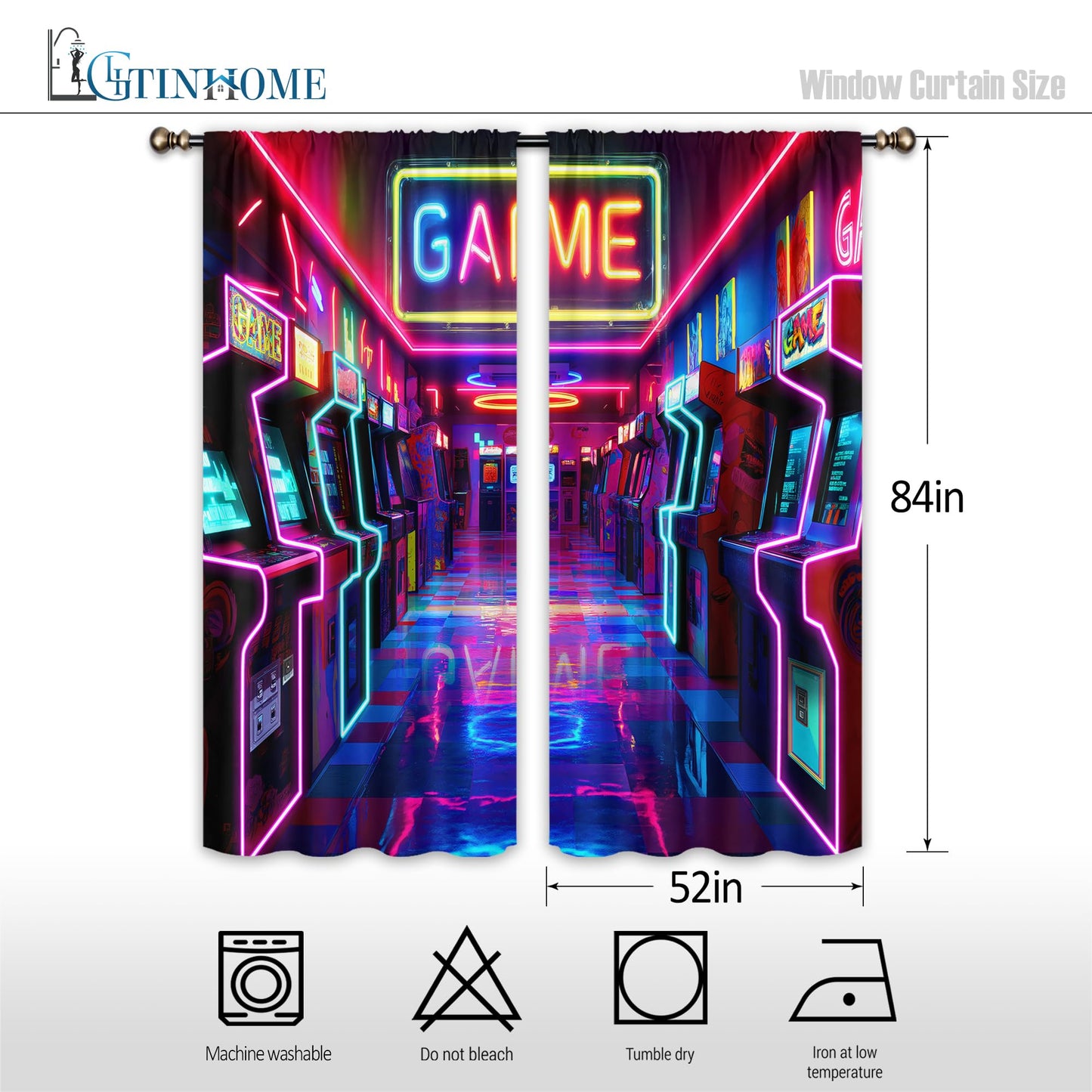 LIGHTINHOME Neon Arcade Game Curtains 52Wx84H Inch Extra Wide Gamer Gaming Cool 80s 90s Bedroom Decor for Boys Kids 2 Panels Rod Pocket Living Room Window Drapes Treatment Fabric