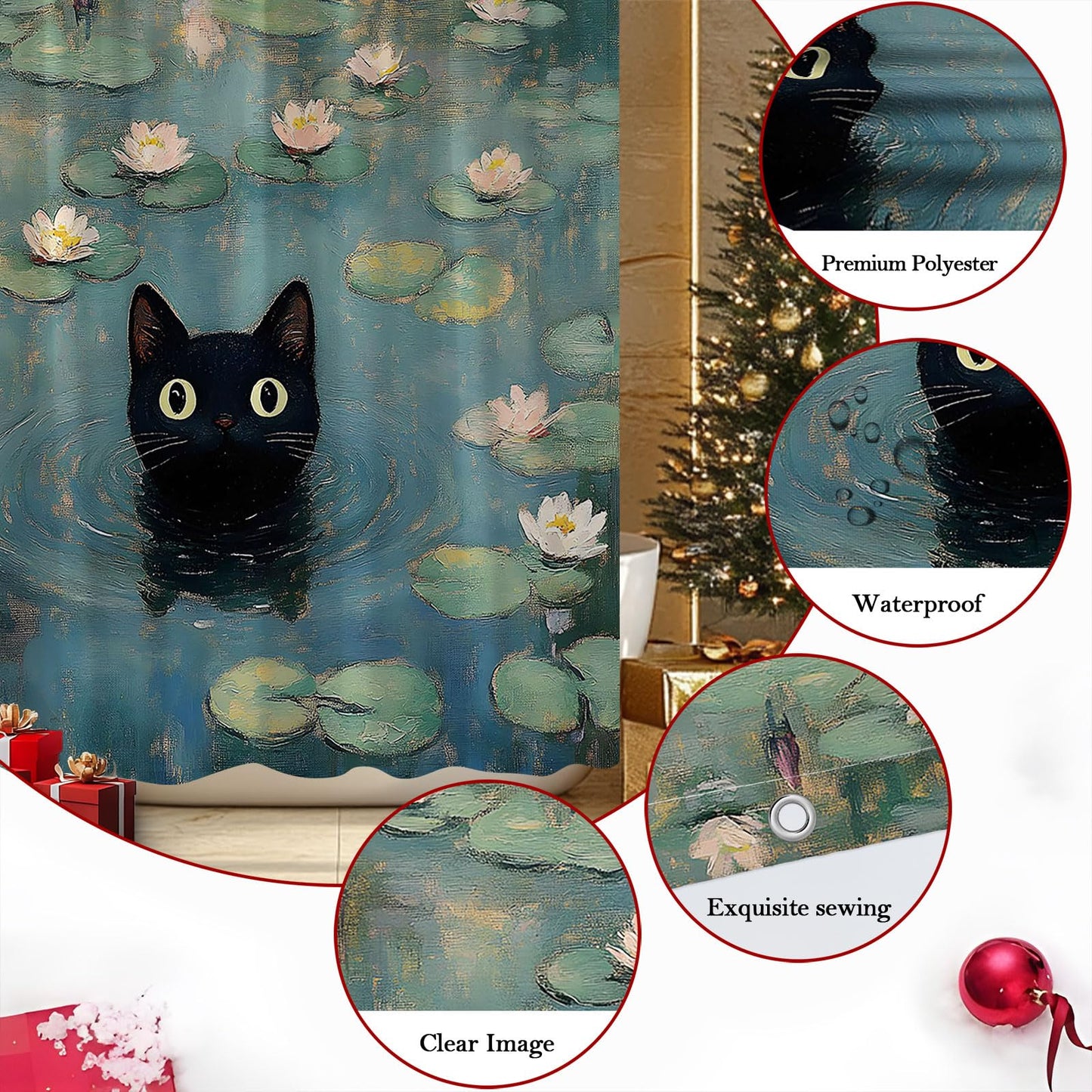 ZFMRZF Black Cat Shower Curtain, Waterlily Pond Oil Painting Style, Cute Kitten Bathroom Decor Polyester Curtains Set with Hooks 70x70 Inch
