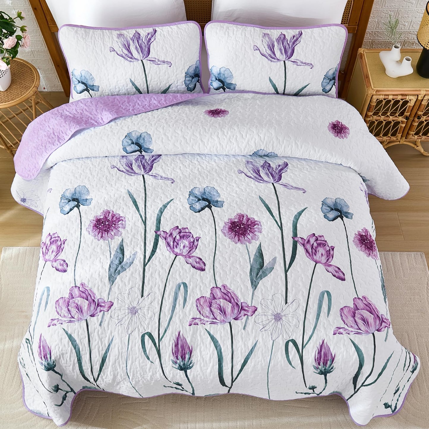 WONGS BEDDING Purple Queen Quilt Set, 3 Pieces Light Purple Floral Bedspread Coverlet Set, Lightweight Spring Farmhouse Cute Botanical Quilts Bedding Set (96"x90")