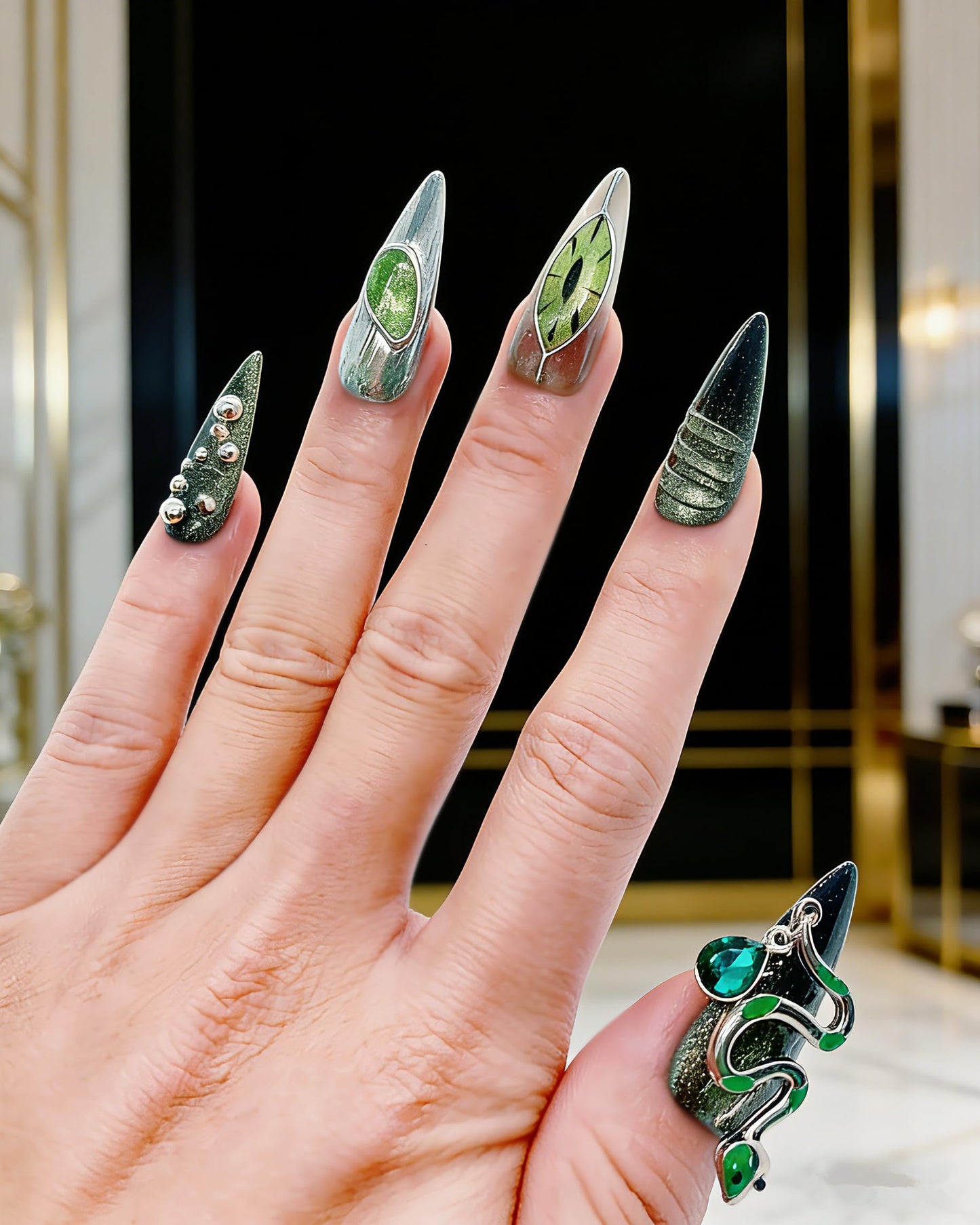 CAMILCY Luxury Handmade Press on Nails Long Stiletto Green Snake Chrome Gothic Fake Nails Glossy Black Green Gradient Crystal Charm Reusable Acrylic Nails for Women 10pcs (A038, M)