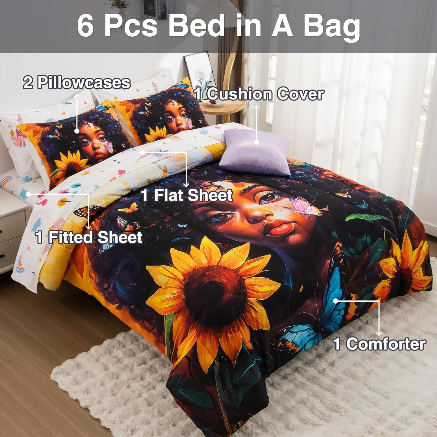 A Nice Night 6pcs Comforter Sets,Black Girl with Butterfly Flying Printed, Sunflower Flowering Shrubs Background Kids Bedding Set,Twin
