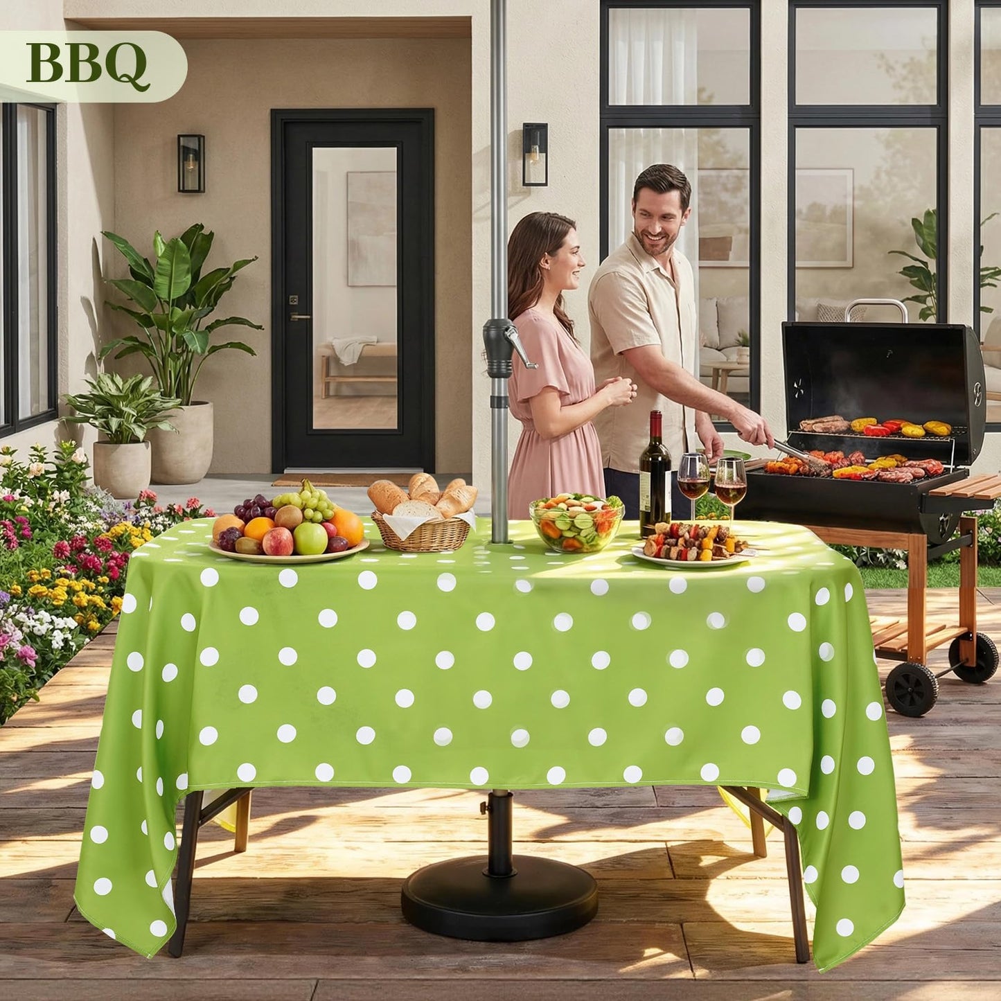 Eternal Beauty 60X 84” Rectangle Tablecloth Waterproof Outdoor Tablecloth with Umbrella Hole Zipper for Patio Spring Summer Picnic Tables (Green Polka Dot)