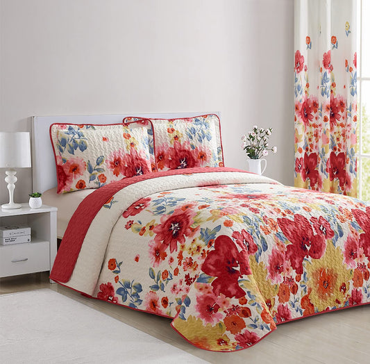 All American Collection 3 PC Floral Printed Red and Beige Reversible Bedspread Quilt Set Coverlet and Pillow Sham Set King/California King Size