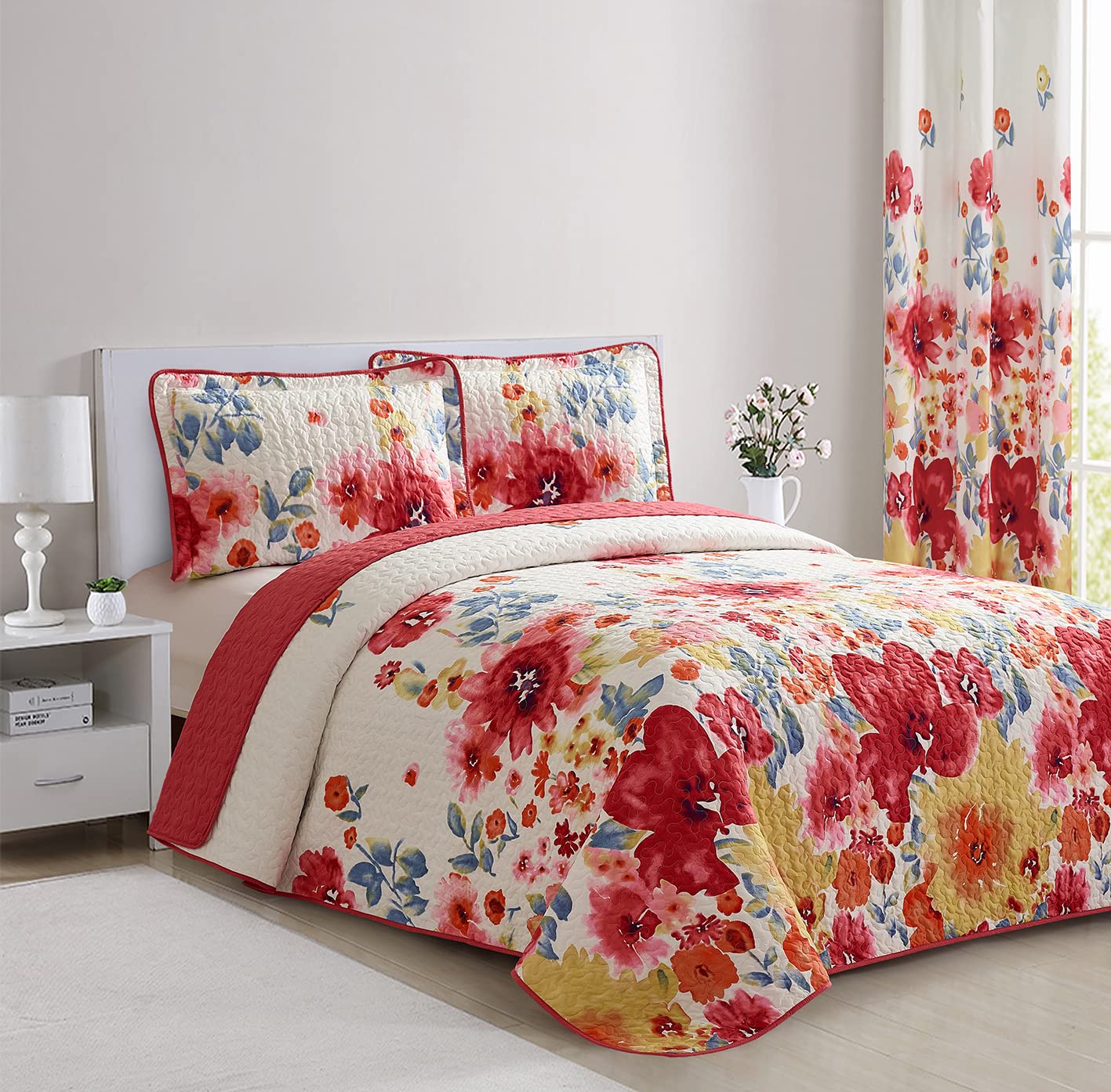 All American Collection 3 PC Floral Printed Red and Beige Reversible Bedspread Quilt Set Coverlet and Pillow Sham Set King/California King Size
