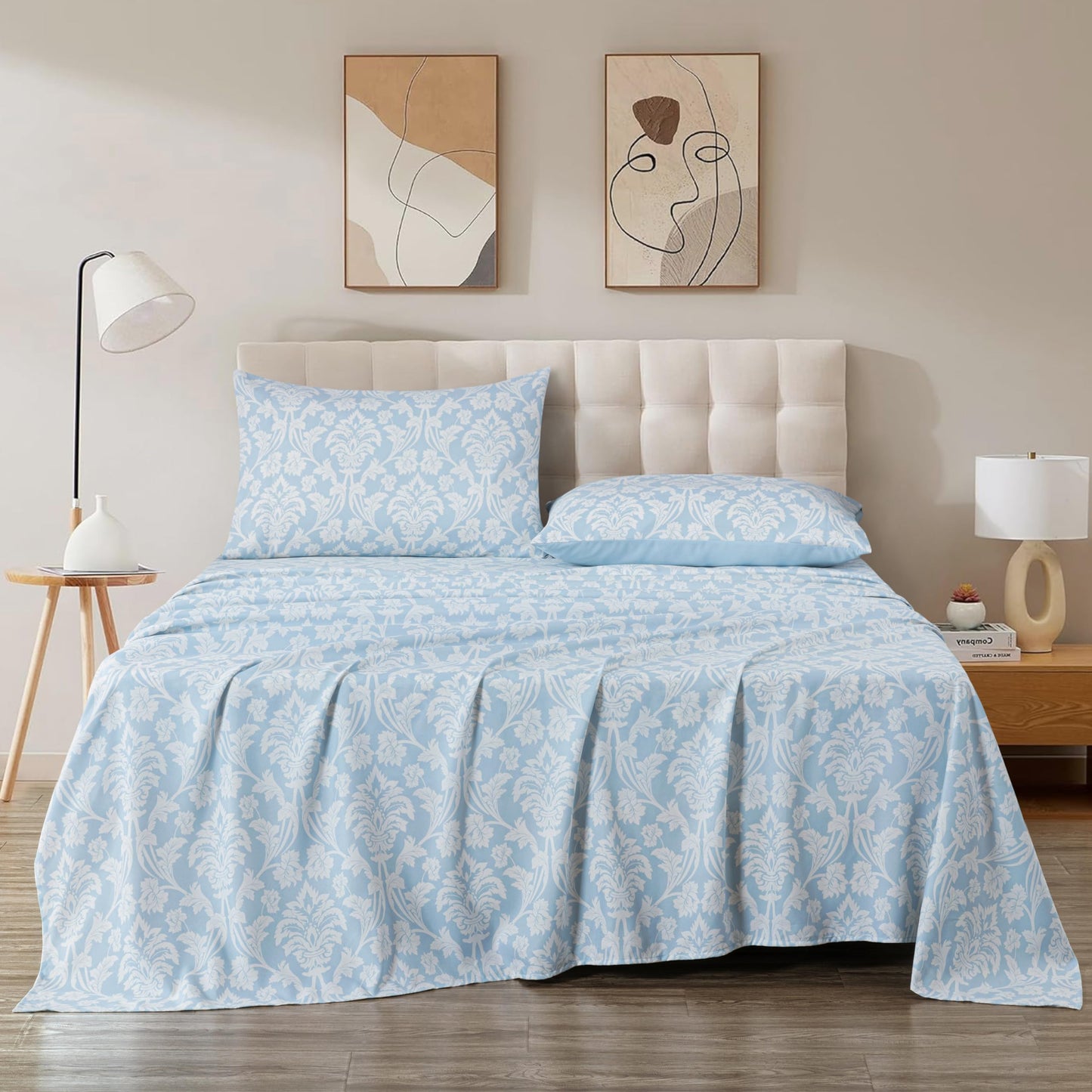 Chezmoi Collection 4-Piece Ivy Floral Medallion Bed Sheet Set, Queen Size - Blue/White Floral Printed Microfiber Soft Breathable Deep Pocket Sheets and Pillowcases Set